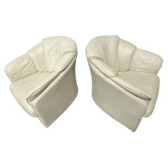 Pair Beige Italian Leather Swivel Chairs, Lounge Chairs
