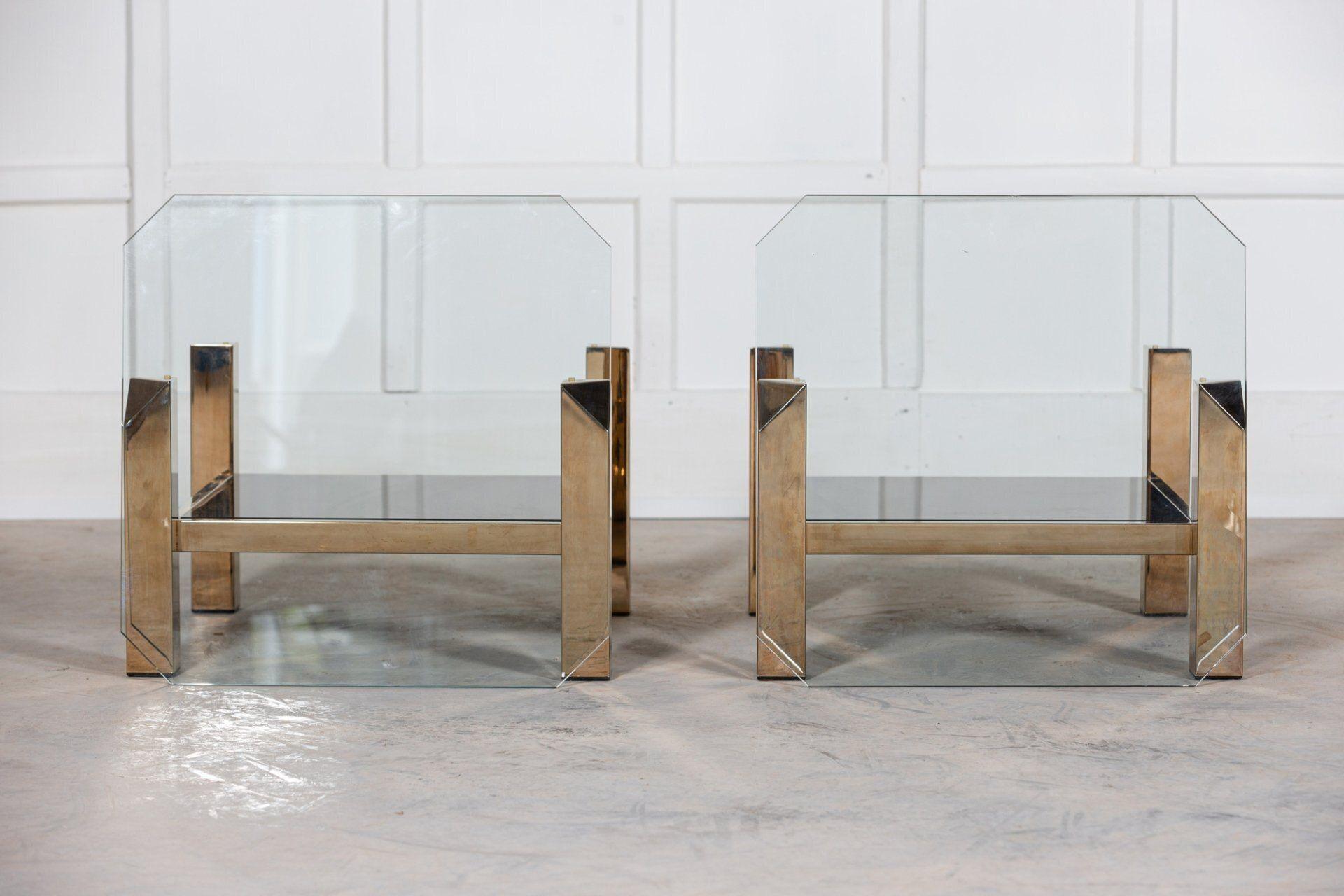 Late 20th Century Pair Belgochrom Gold Plated Two Tier Side Tables For Sale