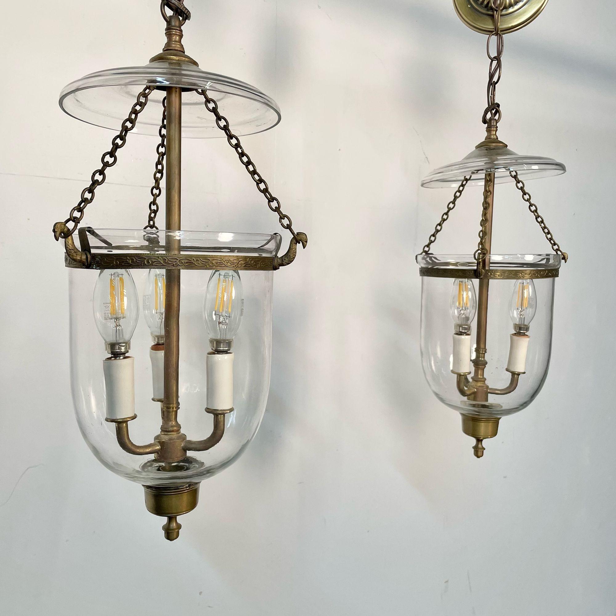 Pair Bell Jar Lanterns or Pendants, Brass and Glass, Domed 6