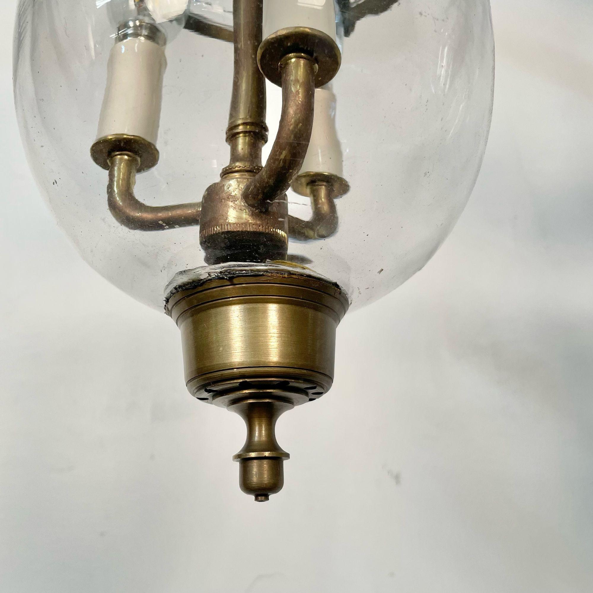 Pair Bell Jar Lanterns or Pendants, Brass and Glass, Domed In Good Condition In Stamford, CT