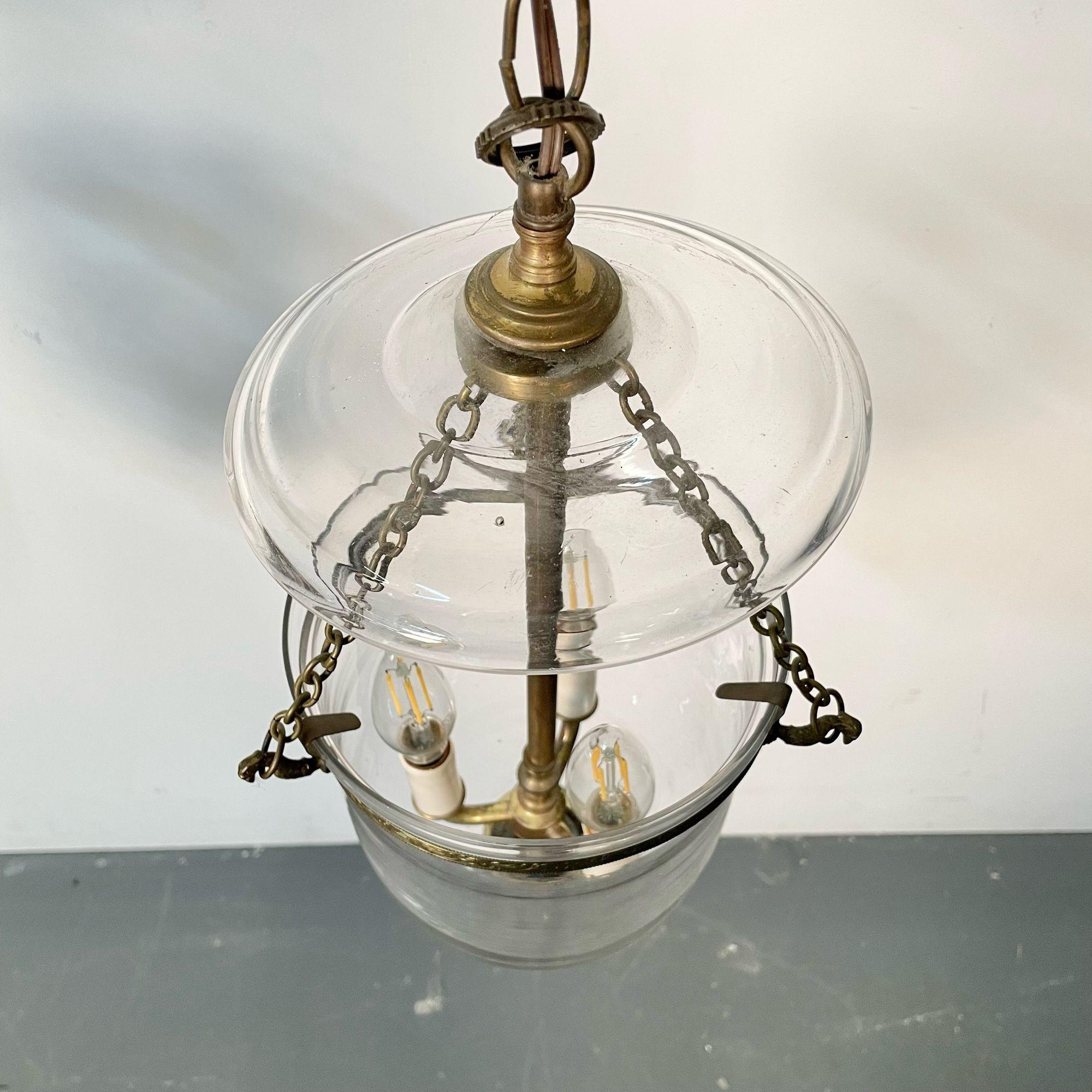 20th Century Pair Bell Jar Lanterns or Pendants, Brass and Glass, Domed