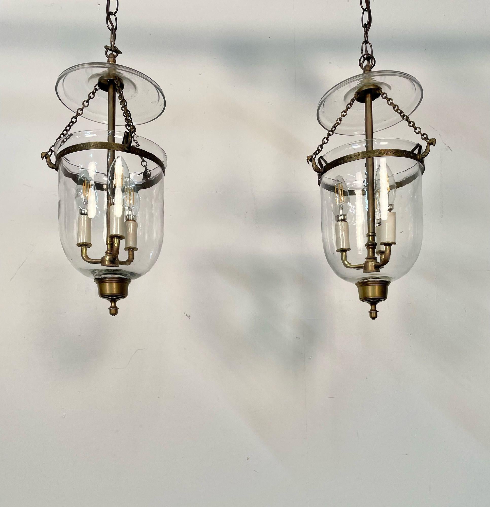 Pair Bell Jar Lanterns or Pendants, Brass and Glass, Domed 1