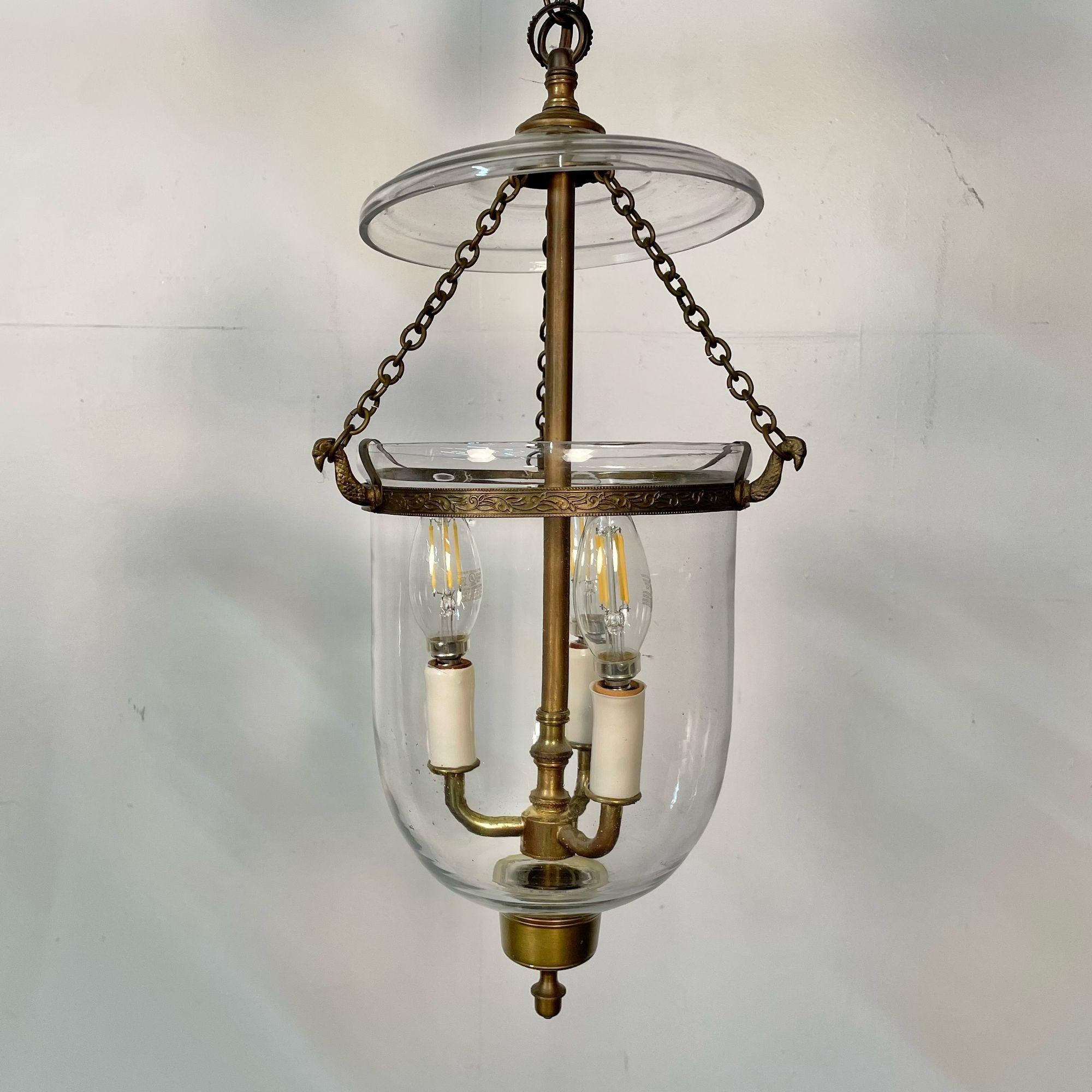 Pair Bell Jar Lanterns or Pendants, Brass and Glass, Domed 4