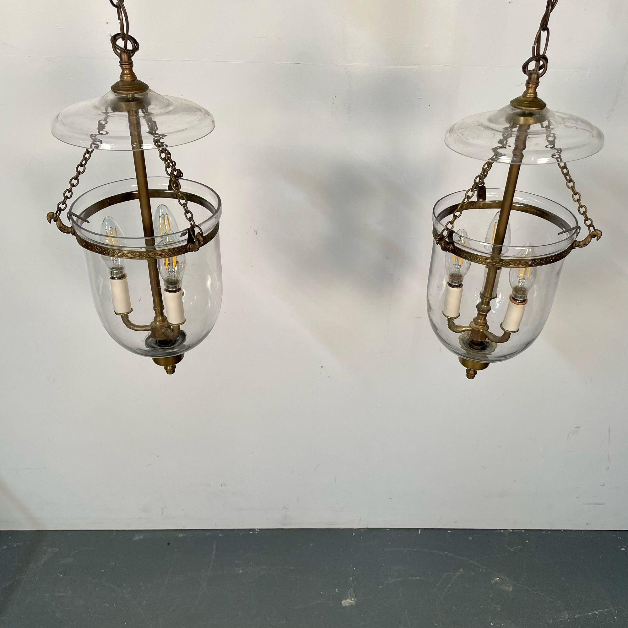 Pair Bell Jar Lanterns or Pendants, Brass and Glass, Domed 5