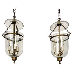 Retro Pair Bell Jar Lanterns or Pendants, Brass and Glass, Domed