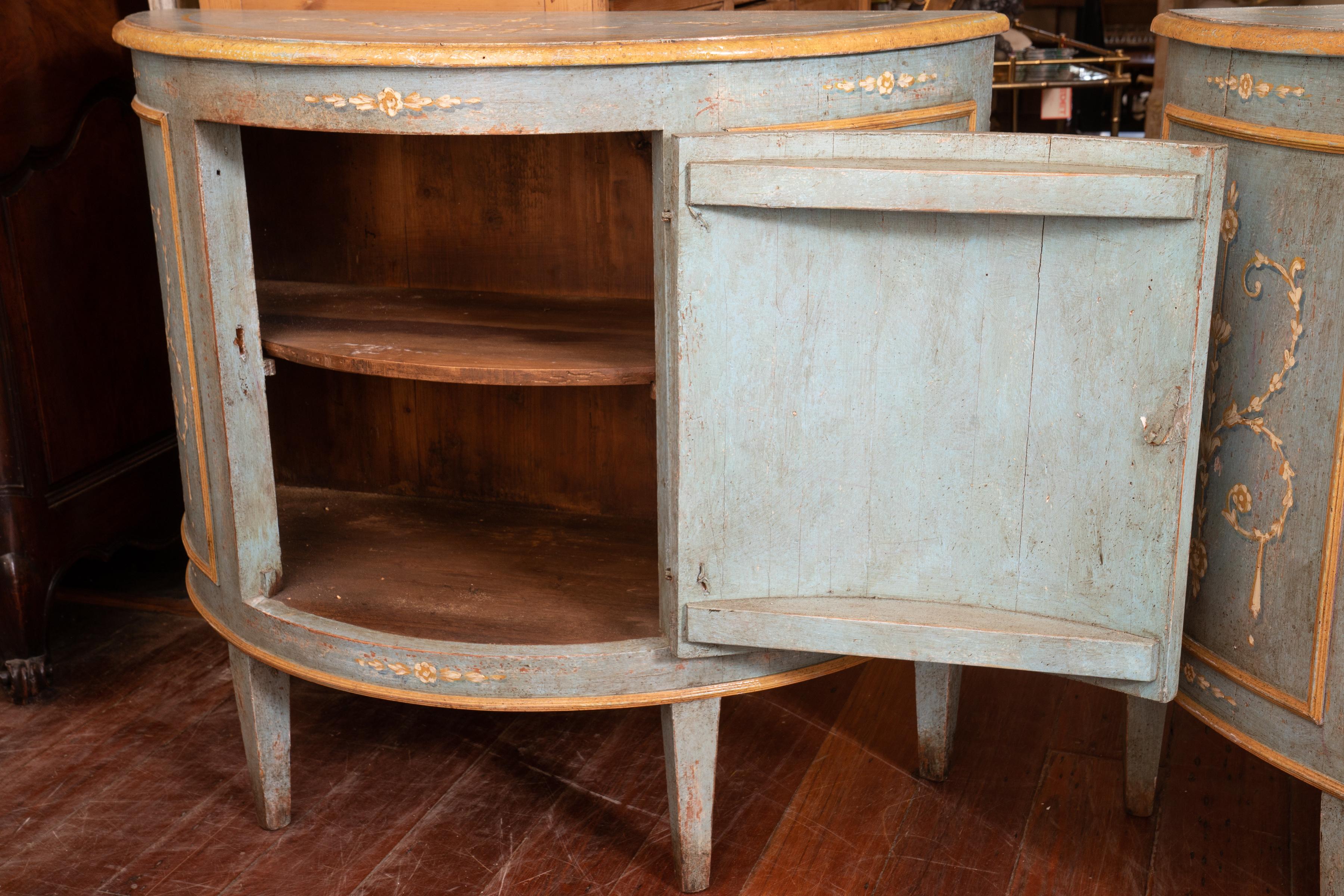 19th Century Pair of Belle Epoch Painted Demilune Buffets