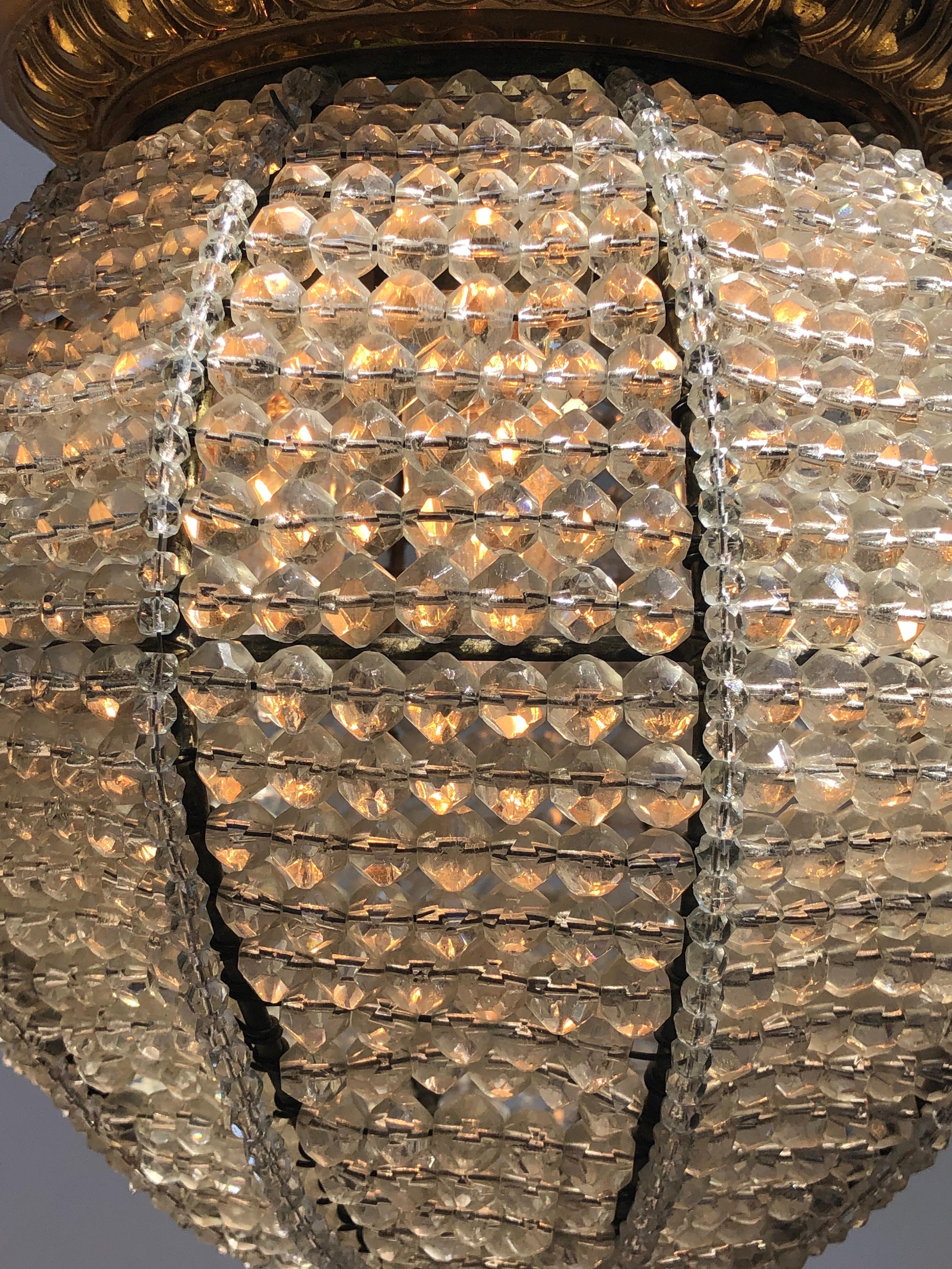 Pair Belle Epoque Bronze & Beaded Crystal Sphere Chandeliers / Pendants For Sale 4