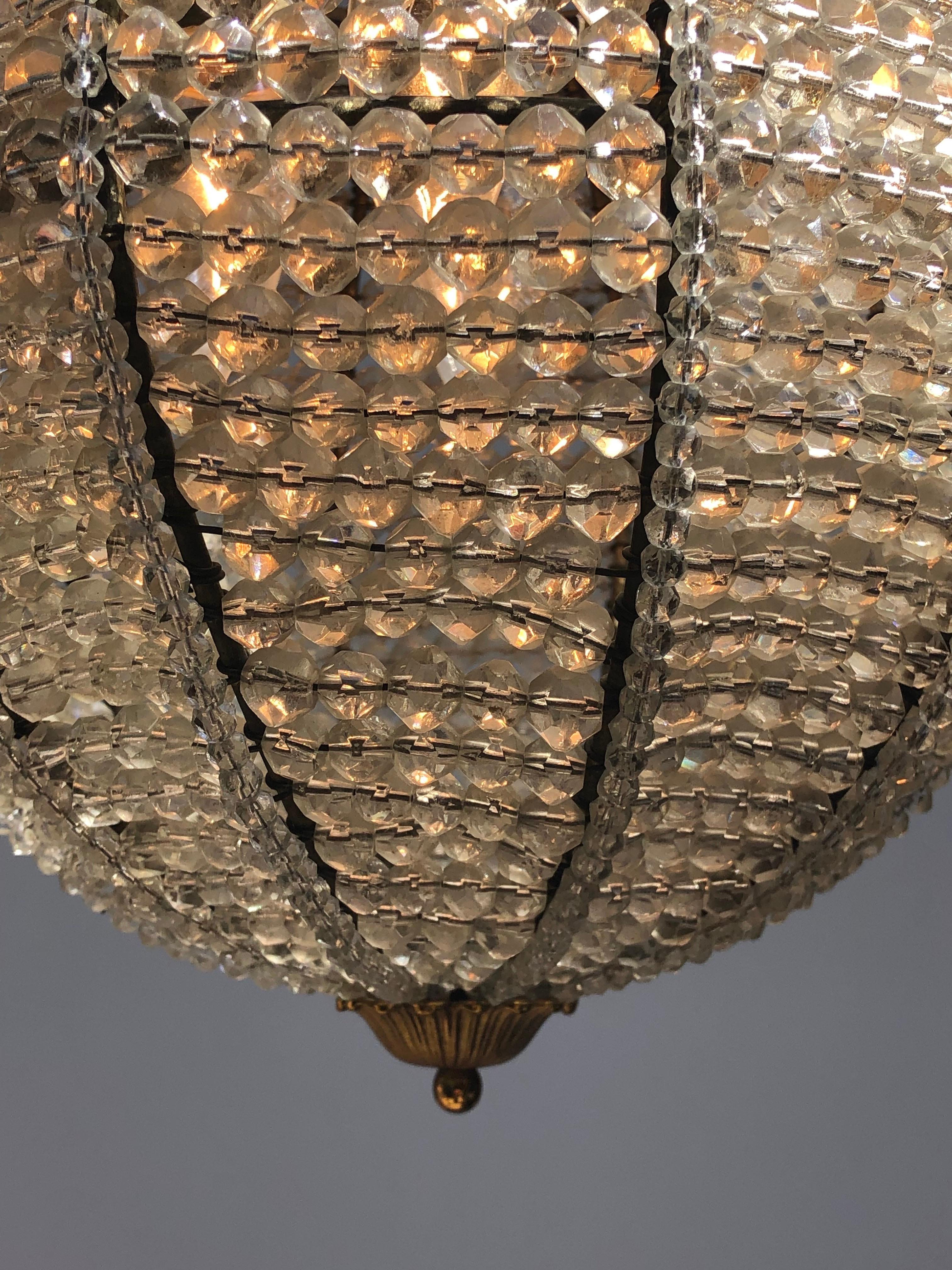 Pair Belle Epoque Bronze & Beaded Crystal Sphere Chandeliers / Pendants For Sale 5