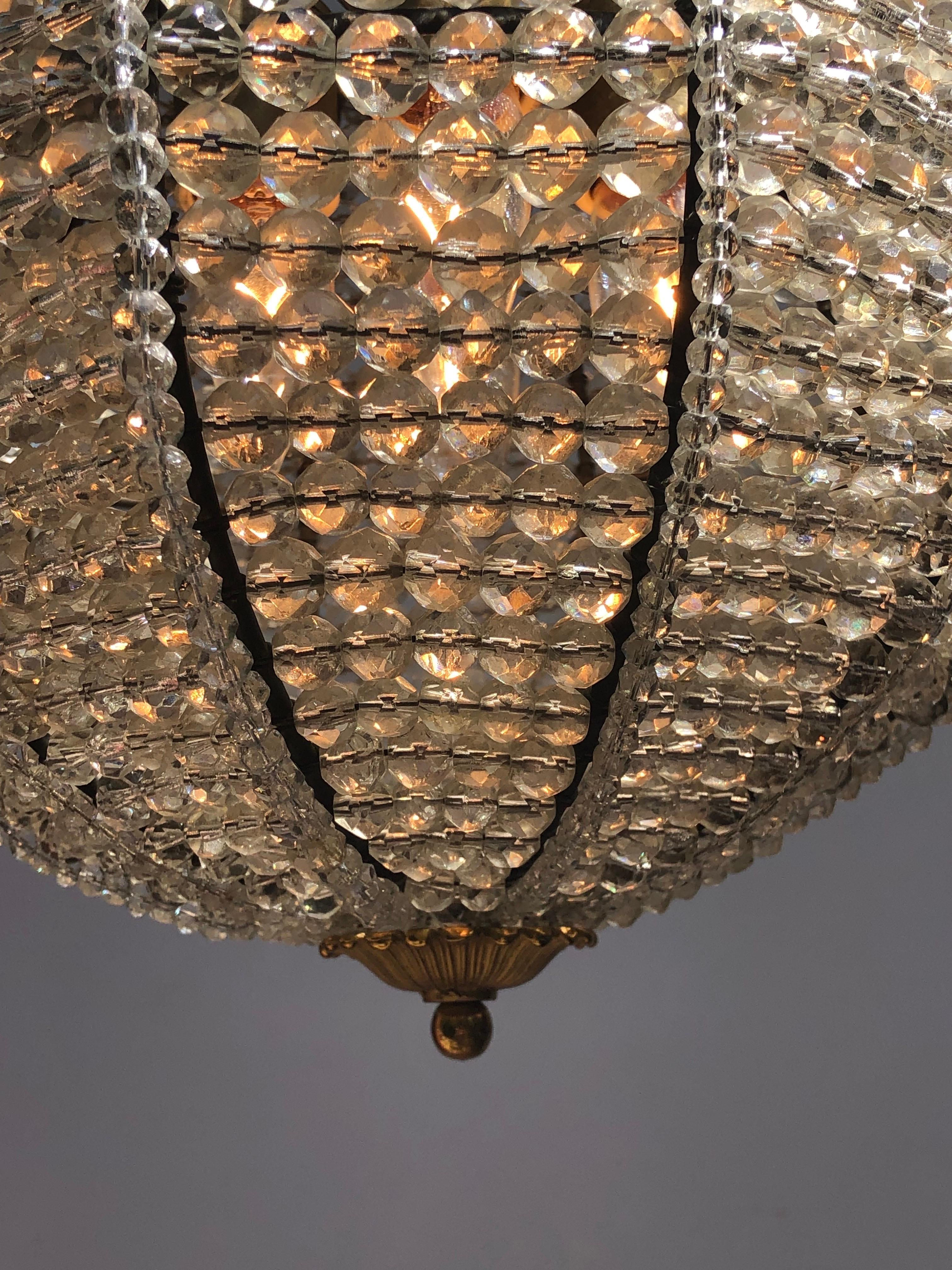 Pair Belle Epoque Bronze & Beaded Crystal Sphere Chandeliers / Pendants For Sale 6
