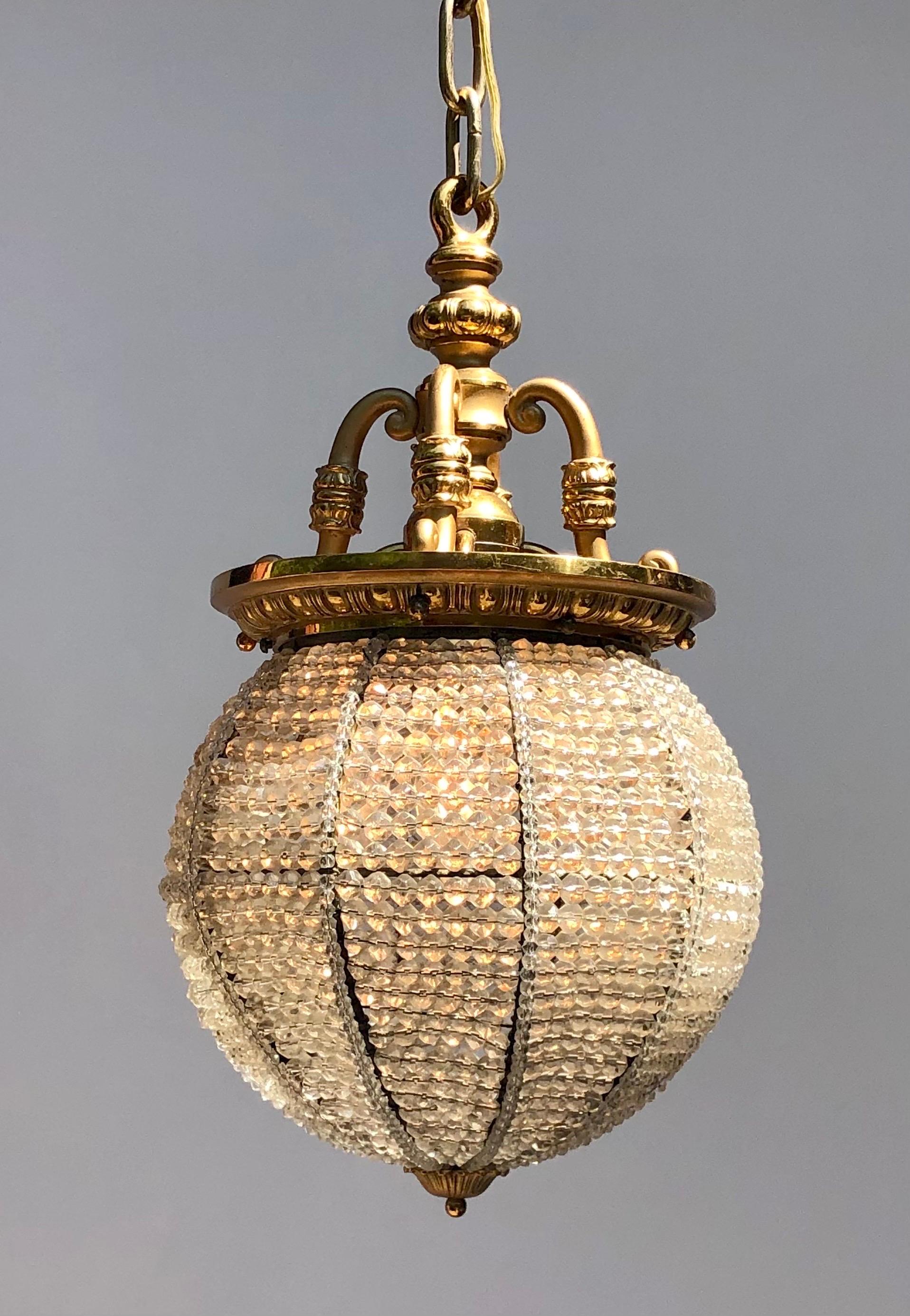 American Pair Belle Epoque Bronze & Beaded Crystal Sphere Chandeliers / Pendants For Sale