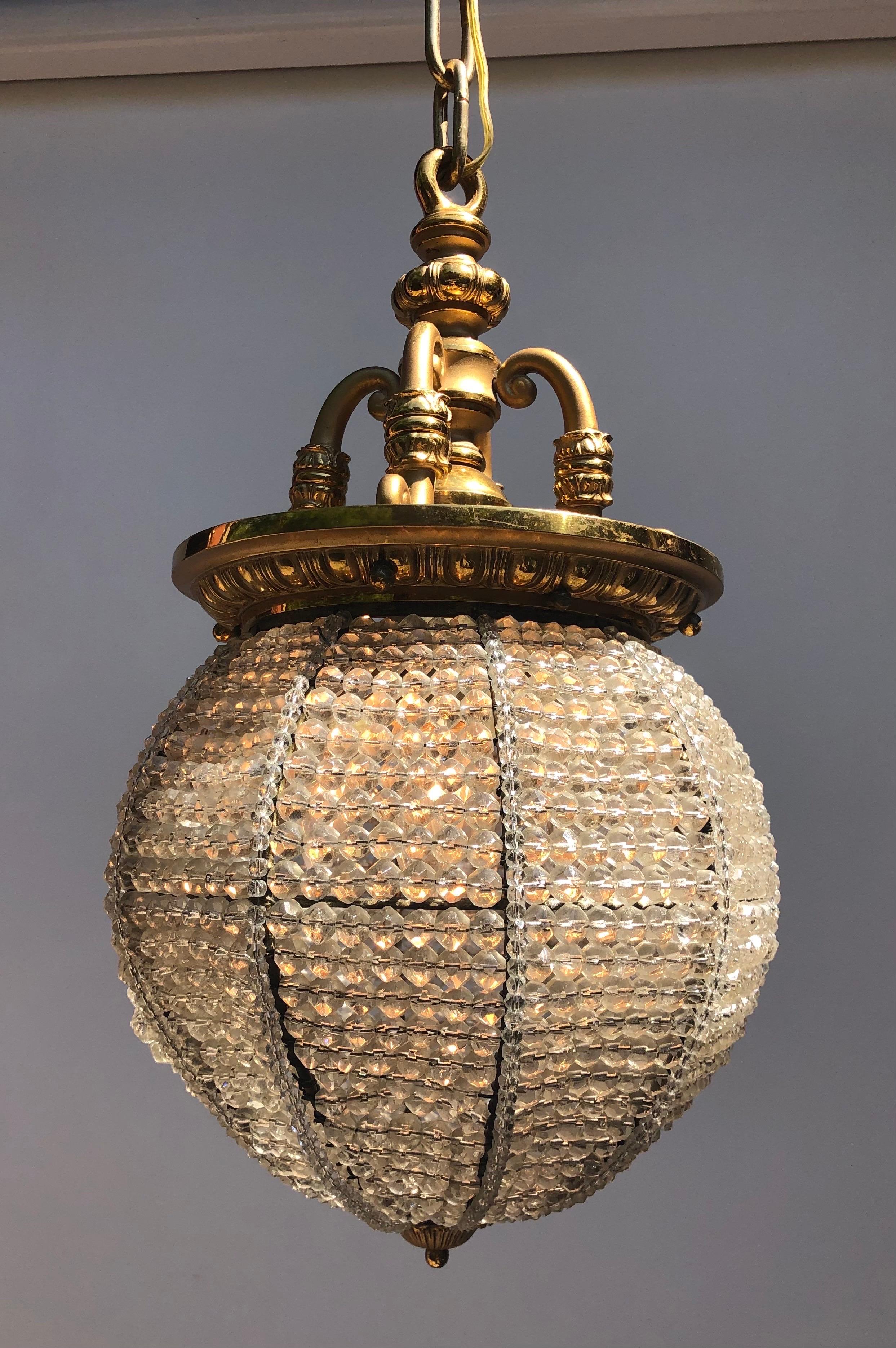 Pair Belle Epoque Bronze & Beaded Crystal Sphere Chandeliers / Pendants For Sale 1