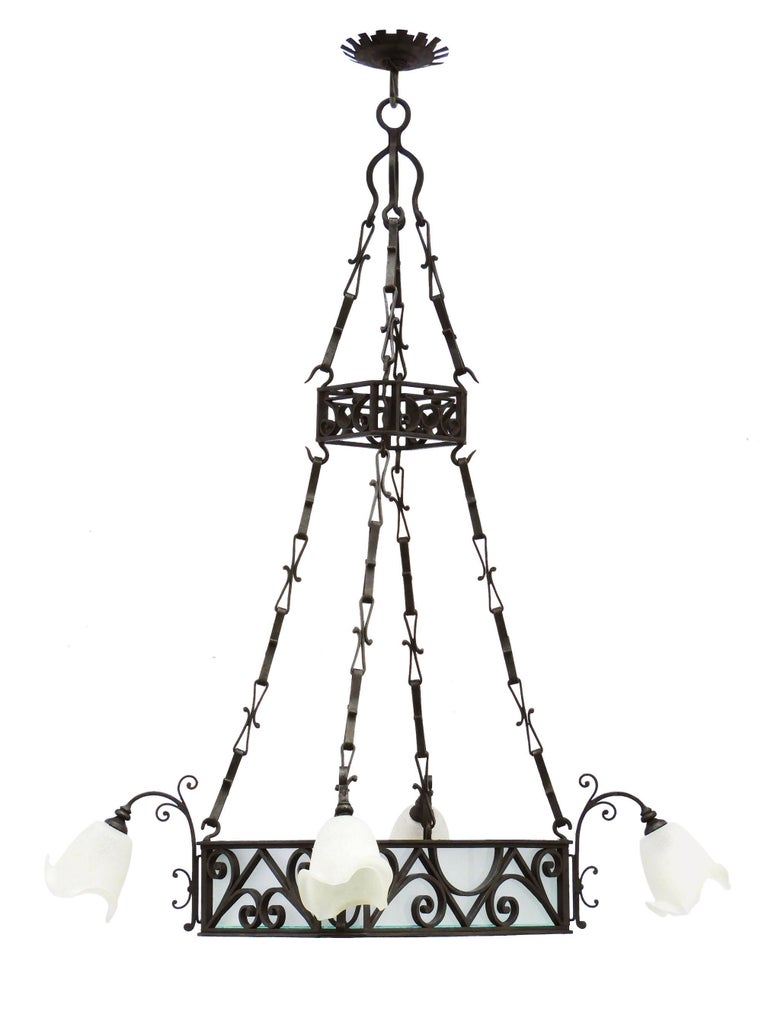 Pair Of Belle Epoque Chandeliers Large French Antique Lights Wrought Pair Of Belle Epoque Chandeliers French Wrought Iron And Frosted Glass Circa 1900 Stunning Rare