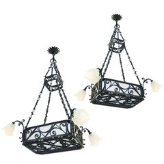 Pair of Belle Epoque Chandeliers Large French Antique Lights Wrought Iron Glass