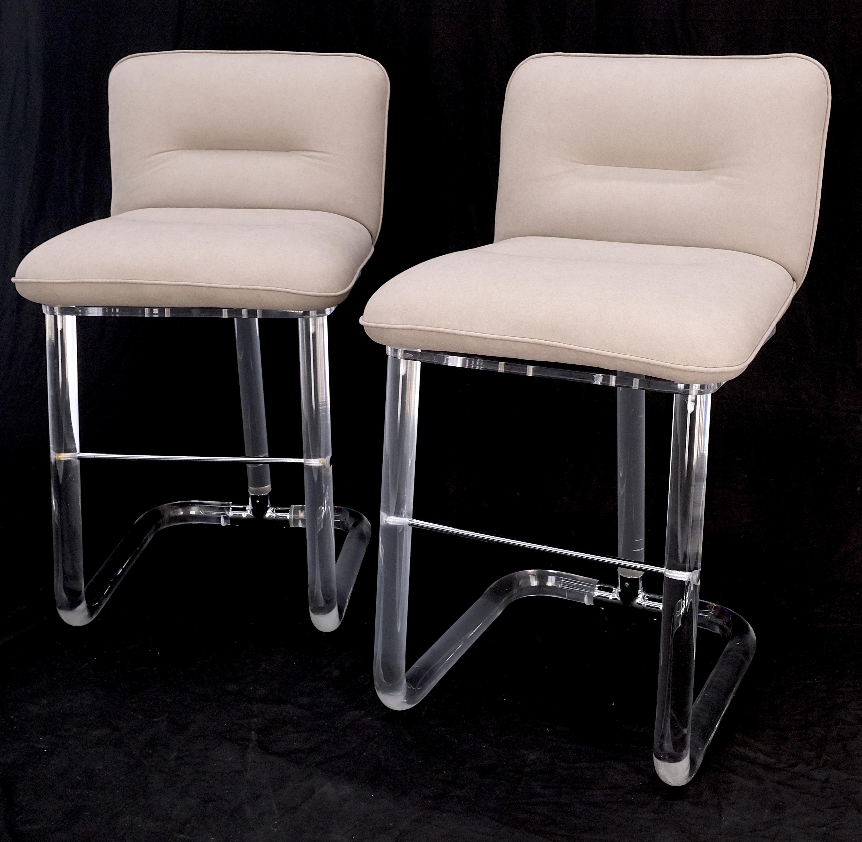 Pair Bent Lucite 1970s New Alcantera Upholstery Swivel Barstool Chairs Chairs  For Sale 4
