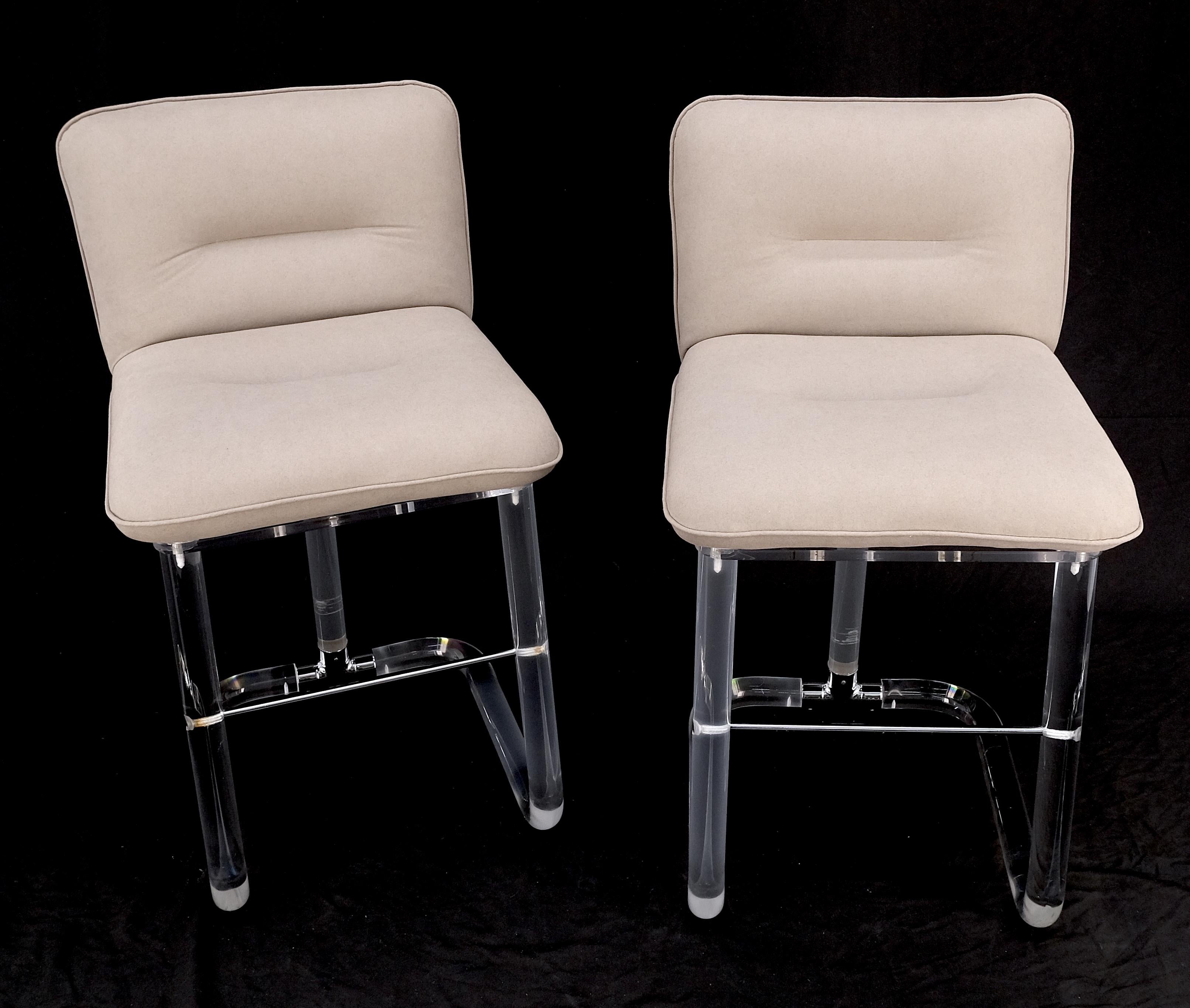 Pair Bent Lucite 1970s New Alcantera Upholstery Swivel Barstool Chairs Chairs  In Good Condition For Sale In Rockaway, NJ