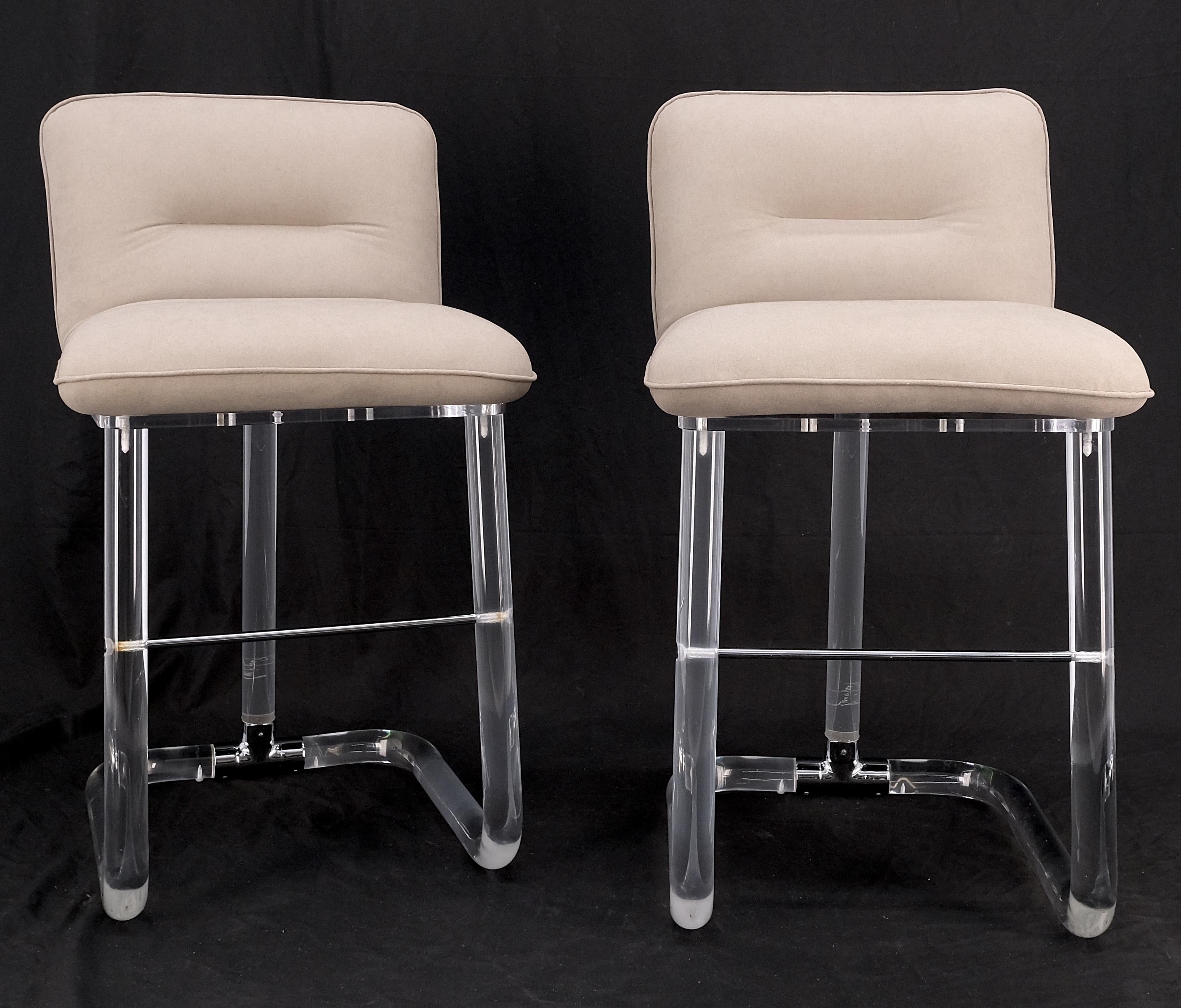 Chrome Pair Bent Lucite 1970s New Alcantera Upholstery Swivel Barstool Chairs Chairs  For Sale