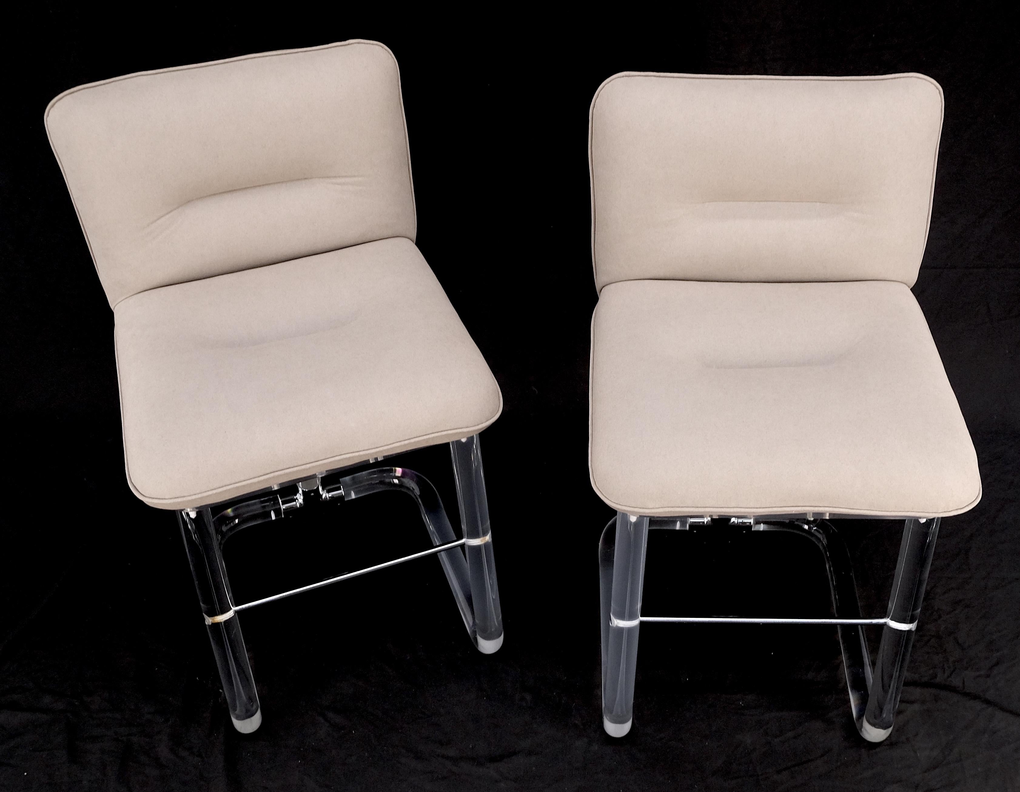 Pair Bent Lucite 1970s New Alcantera Upholstery Swivel Barstool Chairs Chairs  For Sale 2