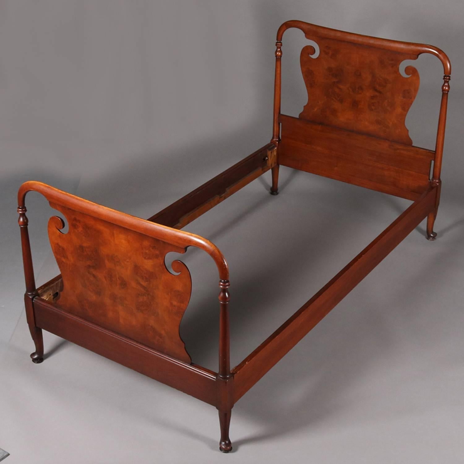 Veneer Pair of Berkey and Gay School Cut-Out and Book Matched Mahogany Twin Bed Frames
