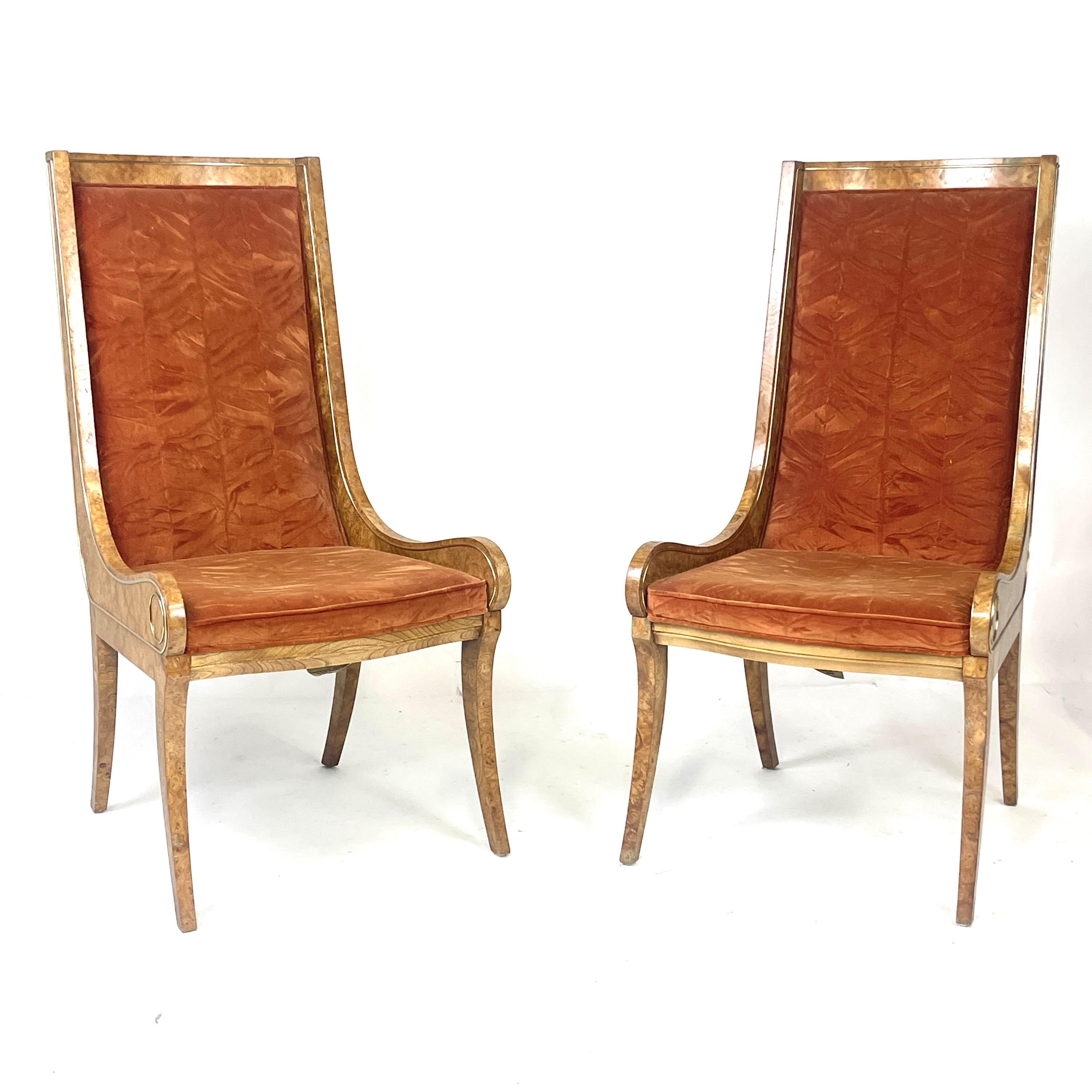 Pair BERNARD ROHNE for MASTERCRAFT Gondola Klismos Legged Burled Chairs 6 Avail For Sale 3