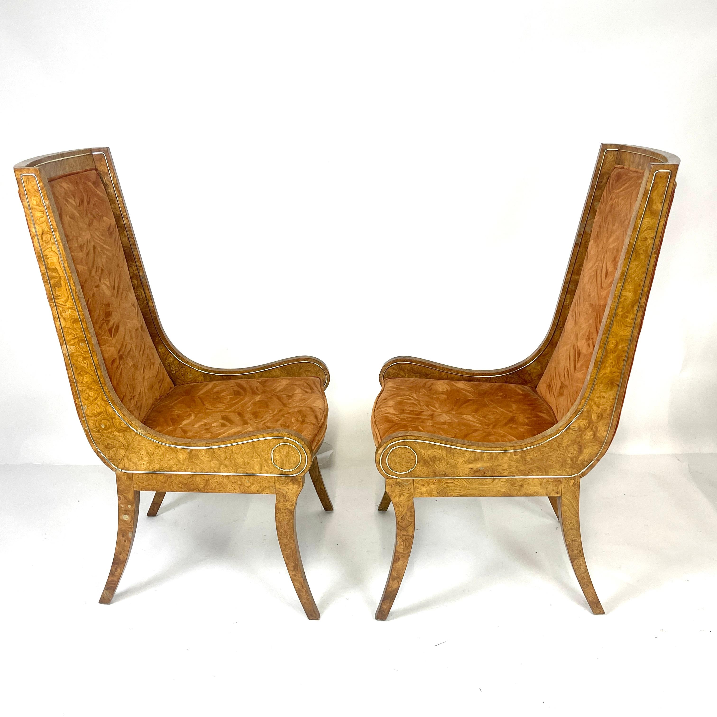 Pair BERNARD ROHNE for MASTERCRAFT Gondola Klismos Legged Burled Chairs 6 Avail For Sale 4