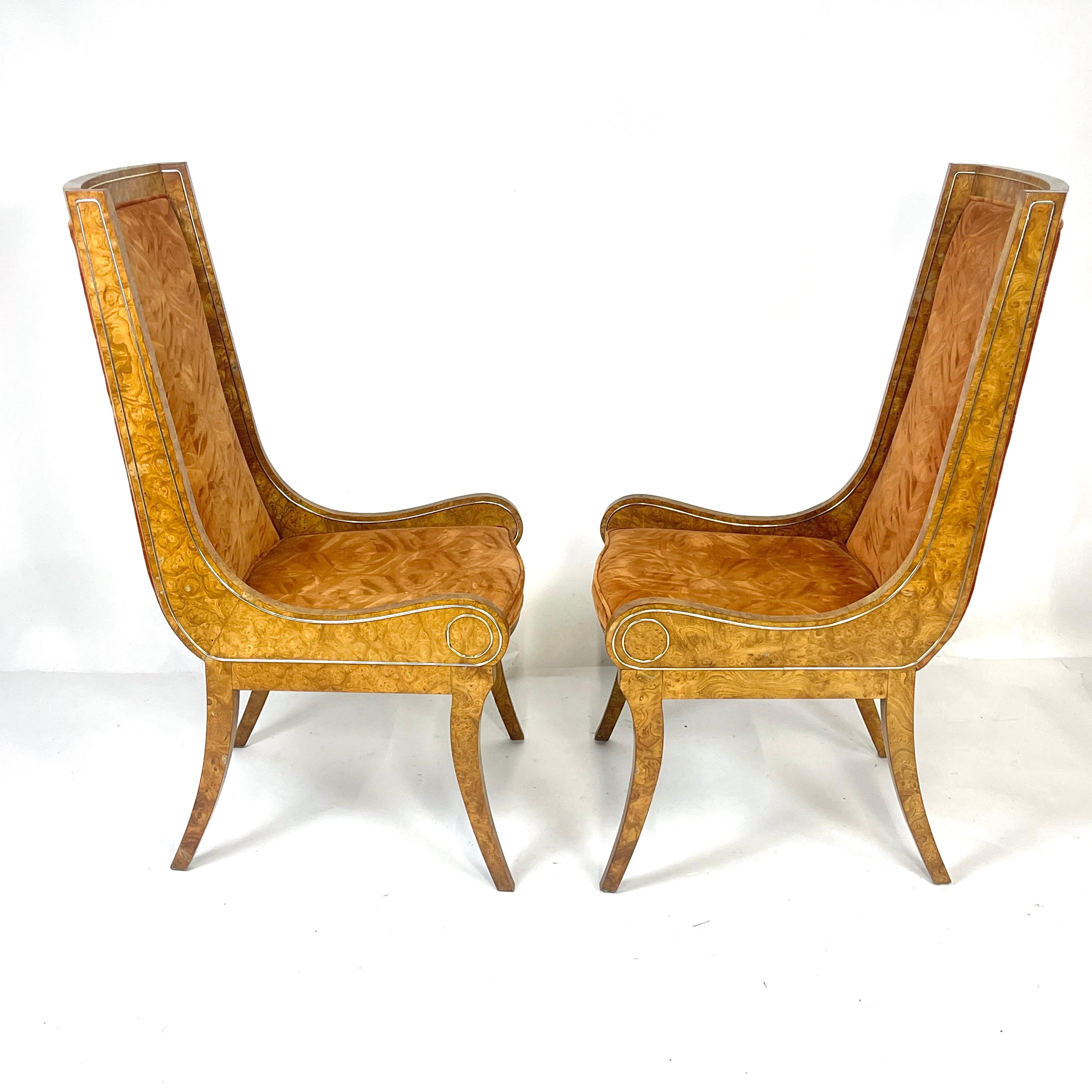 Pair BERNARD ROHNE for MASTERCRAFT Gondola Klismos Legged Burled Chairs 6 Avail For Sale 5