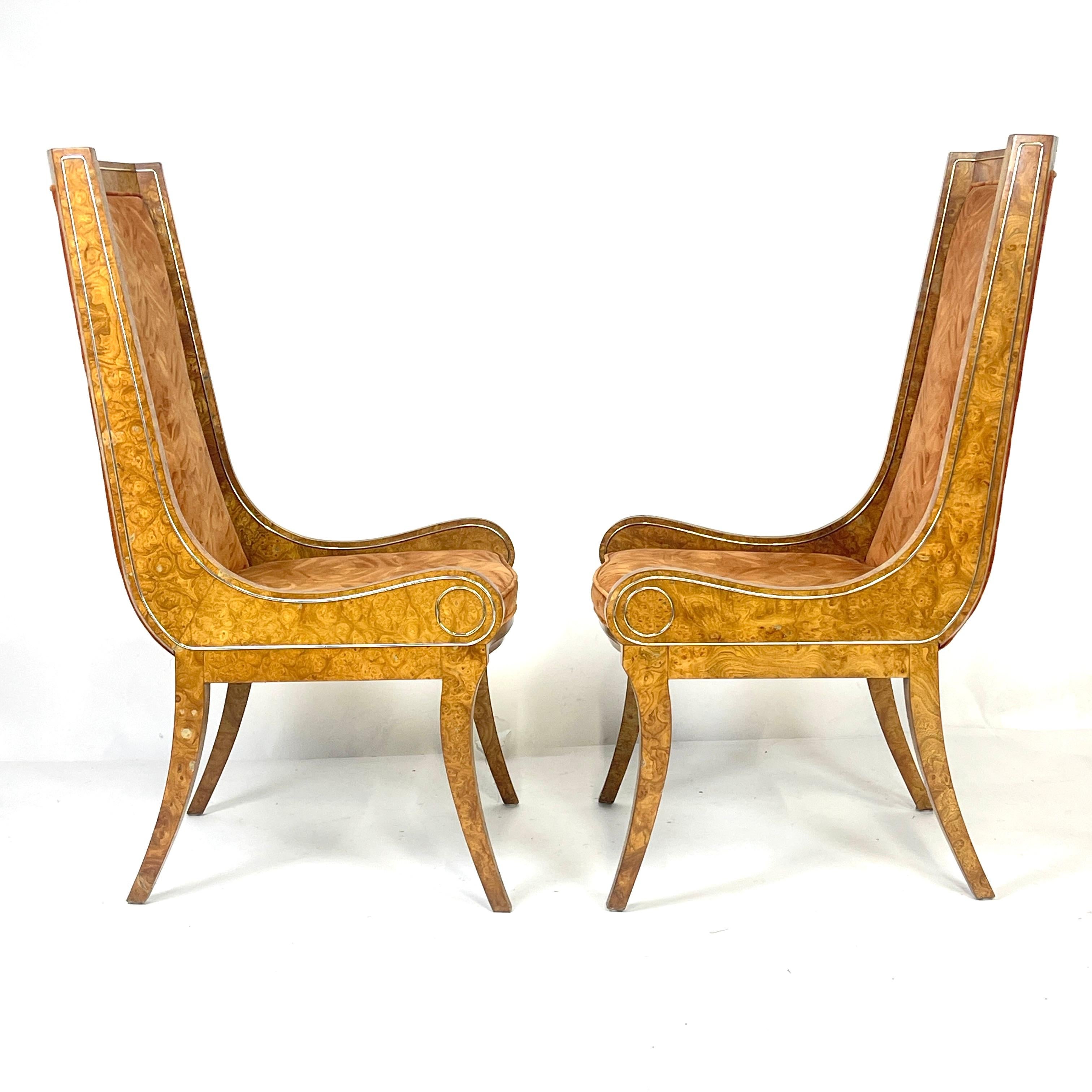 Pair BERNARD ROHNE for MASTERCRAFT Gondola Klismos Legged Burled Chairs 6 Avail For Sale 6