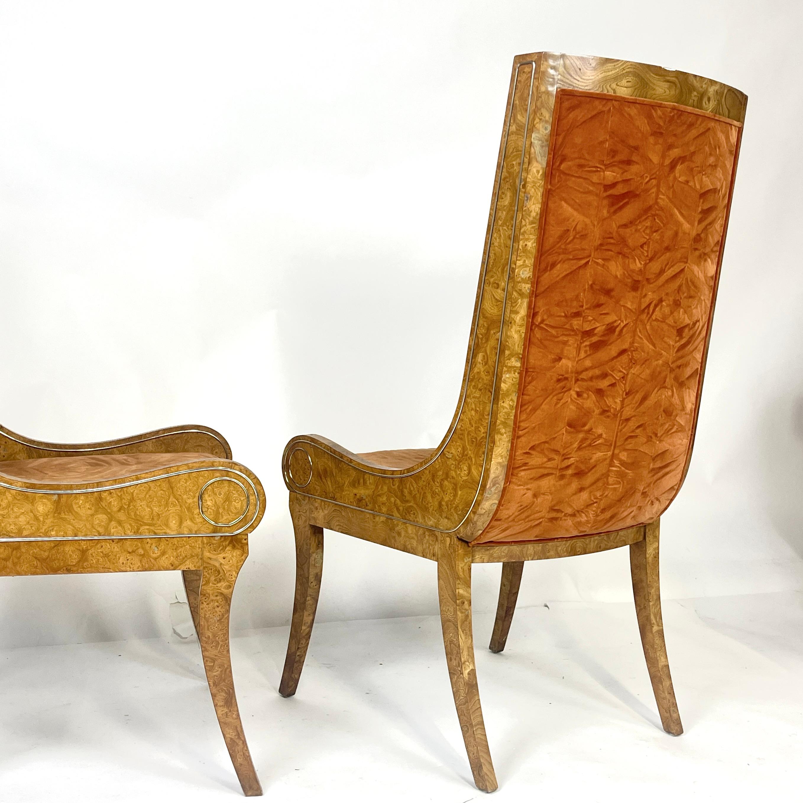 Pair BERNARD ROHNE for MASTERCRAFT Gondola Klismos Legged Burled Chairs 6 Avail For Sale 7