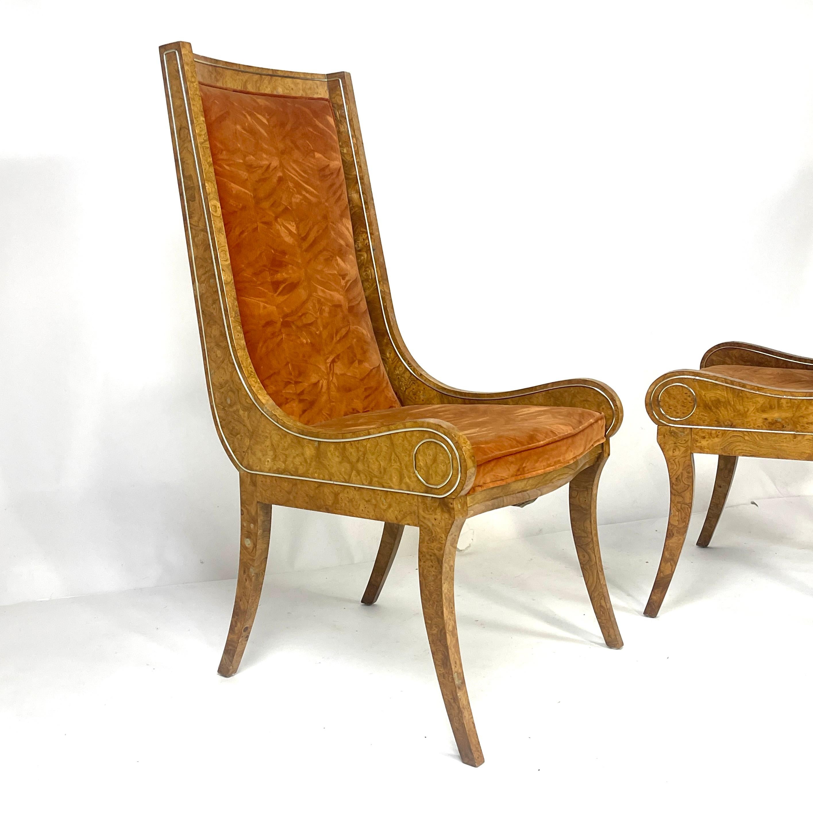 Pair BERNARD ROHNE for MASTERCRAFT Gondola Klismos Legged Burled Chairs 6 Avail For Sale 8