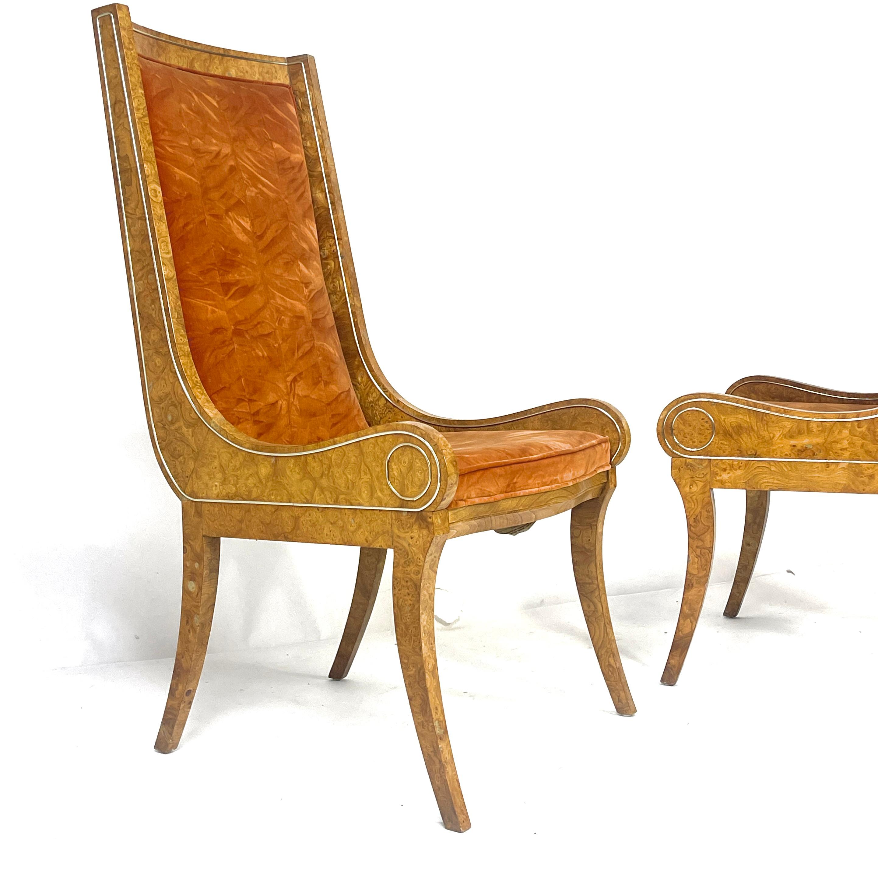 Pair BERNARD ROHNE for MASTERCRAFT Gondola Klismos Legged Burled Chairs 6 Avail For Sale 9