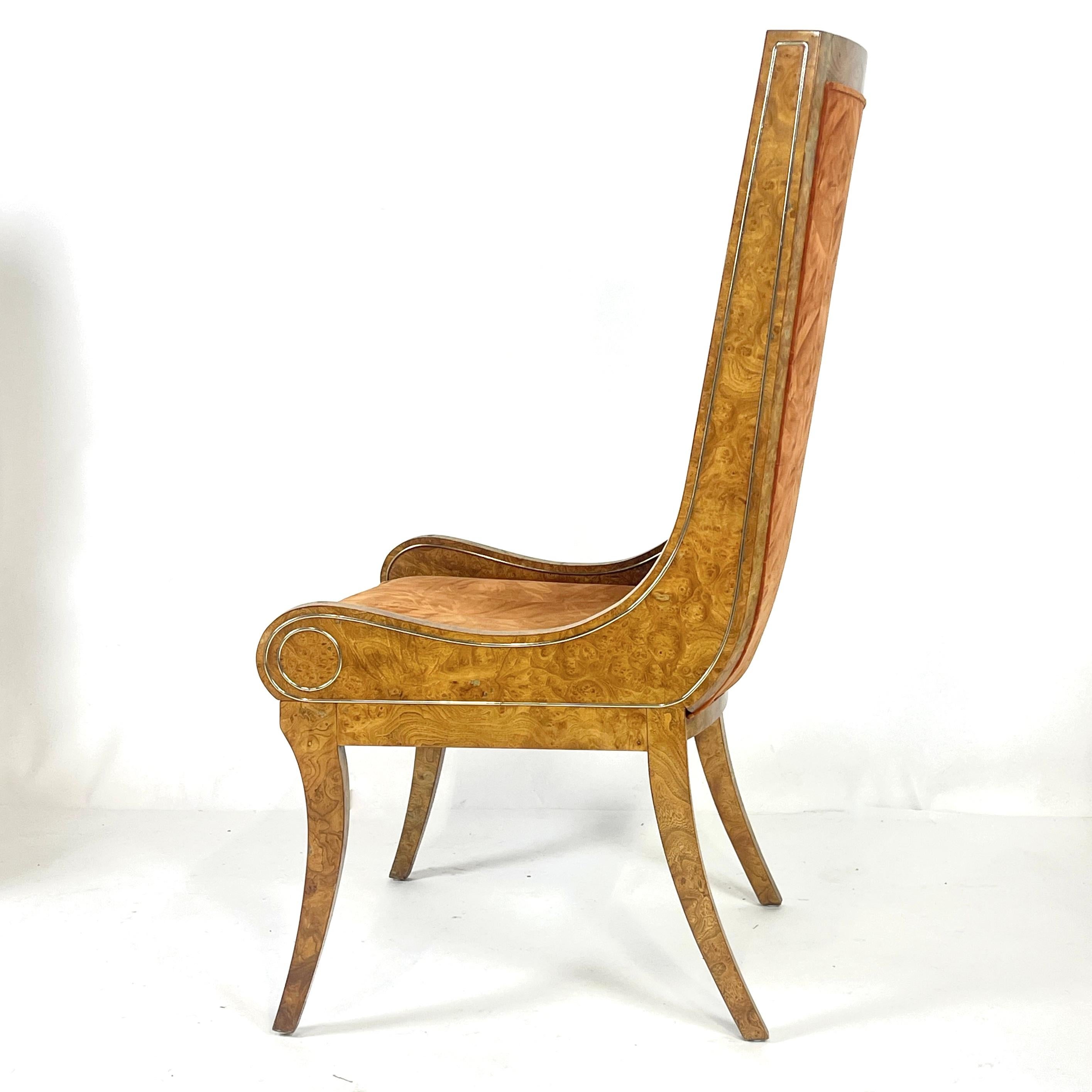 Mid-Century Modern Pair BERNARD ROHNE for MASTERCRAFT Gondola Klismos Legged Burled Chairs 6 Avail For Sale