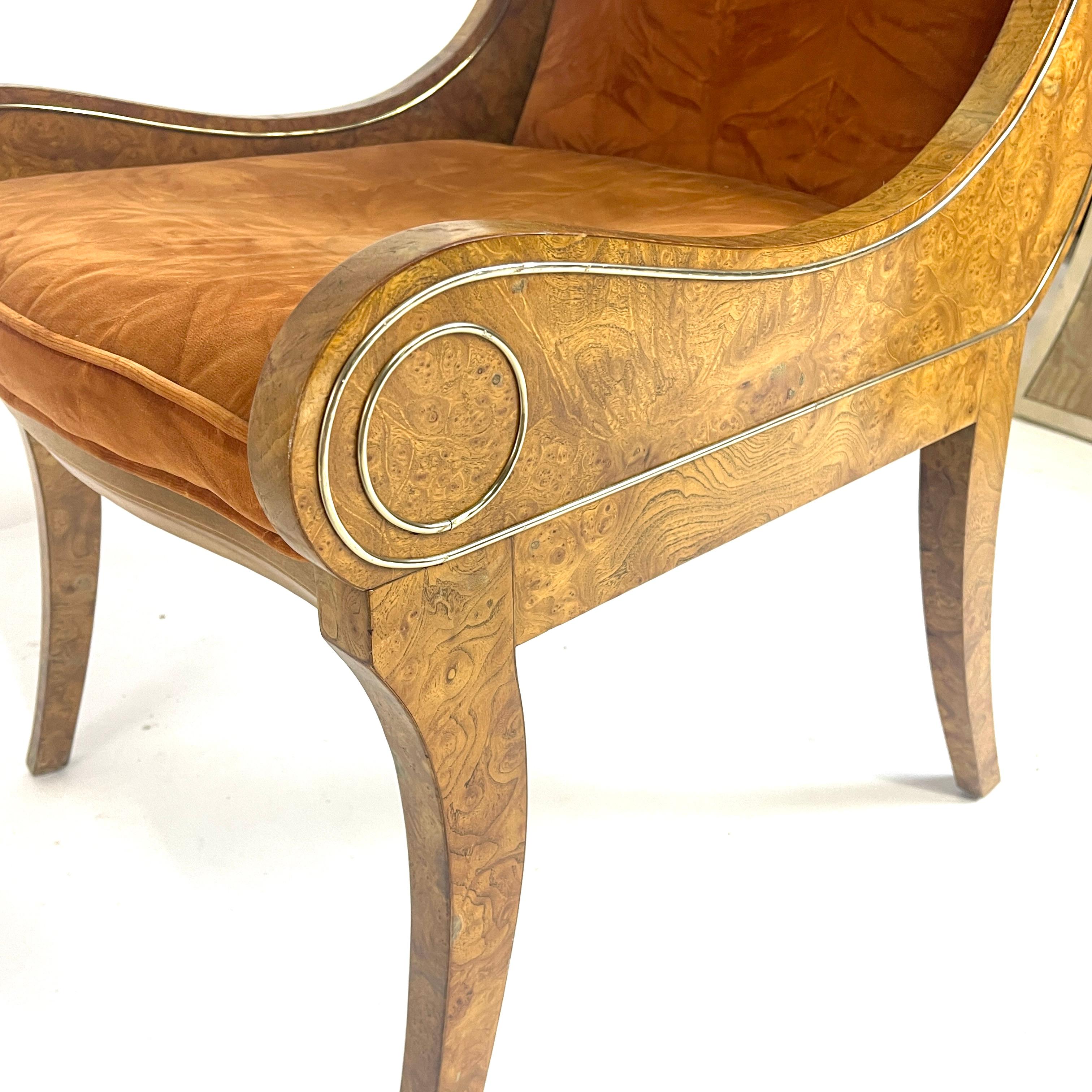 American Pair BERNARD ROHNE for MASTERCRAFT Gondola Klismos Legged Burled Chairs 6 Avail For Sale