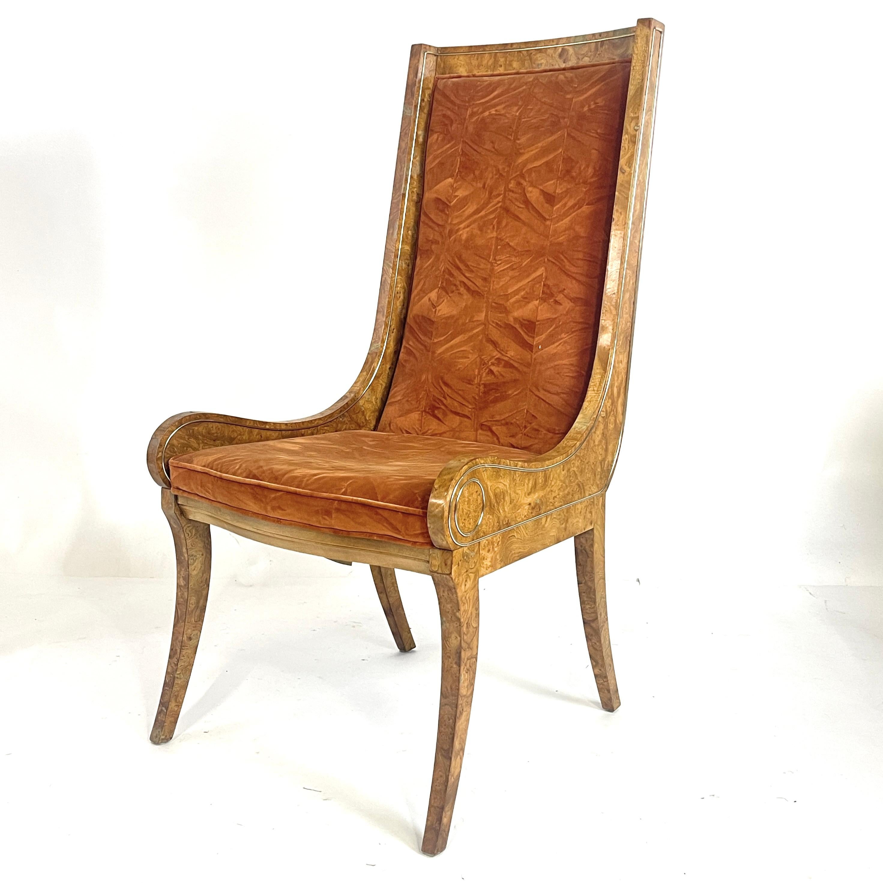 Pair BERNARD ROHNE for MASTERCRAFT Gondola Klismos Legged Burled Chairs 6 Avail In Good Condition For Sale In Hudson, NY