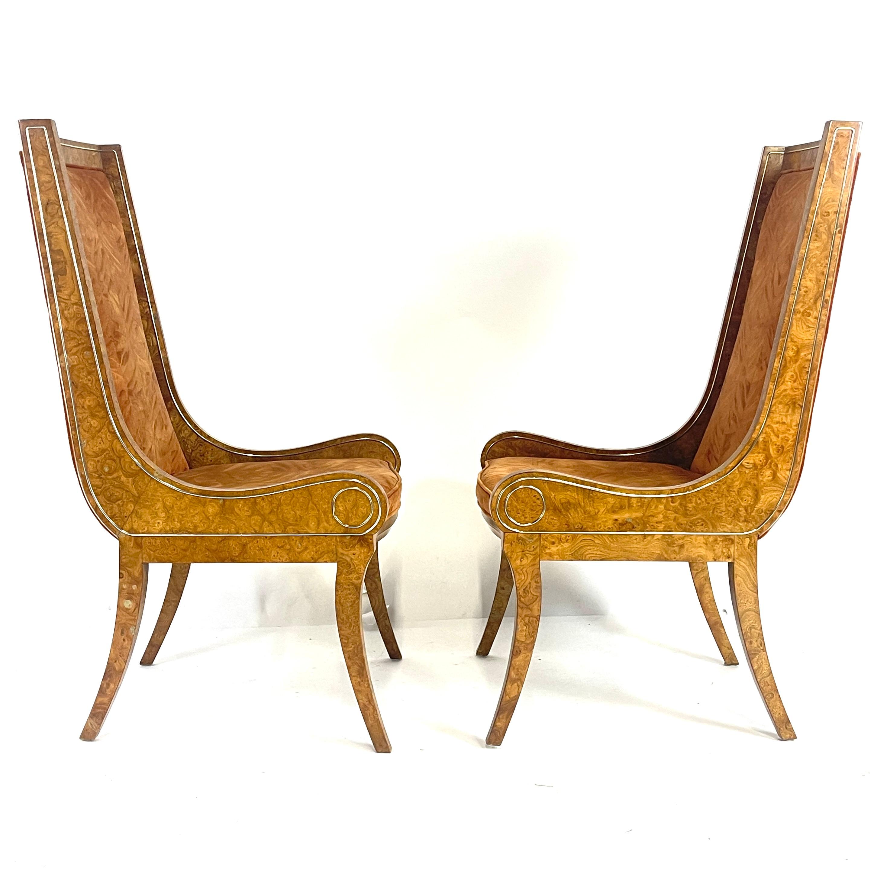 20th Century Pair BERNARD ROHNE for MASTERCRAFT Gondola Klismos Legged Burled Chairs 6 Avail For Sale