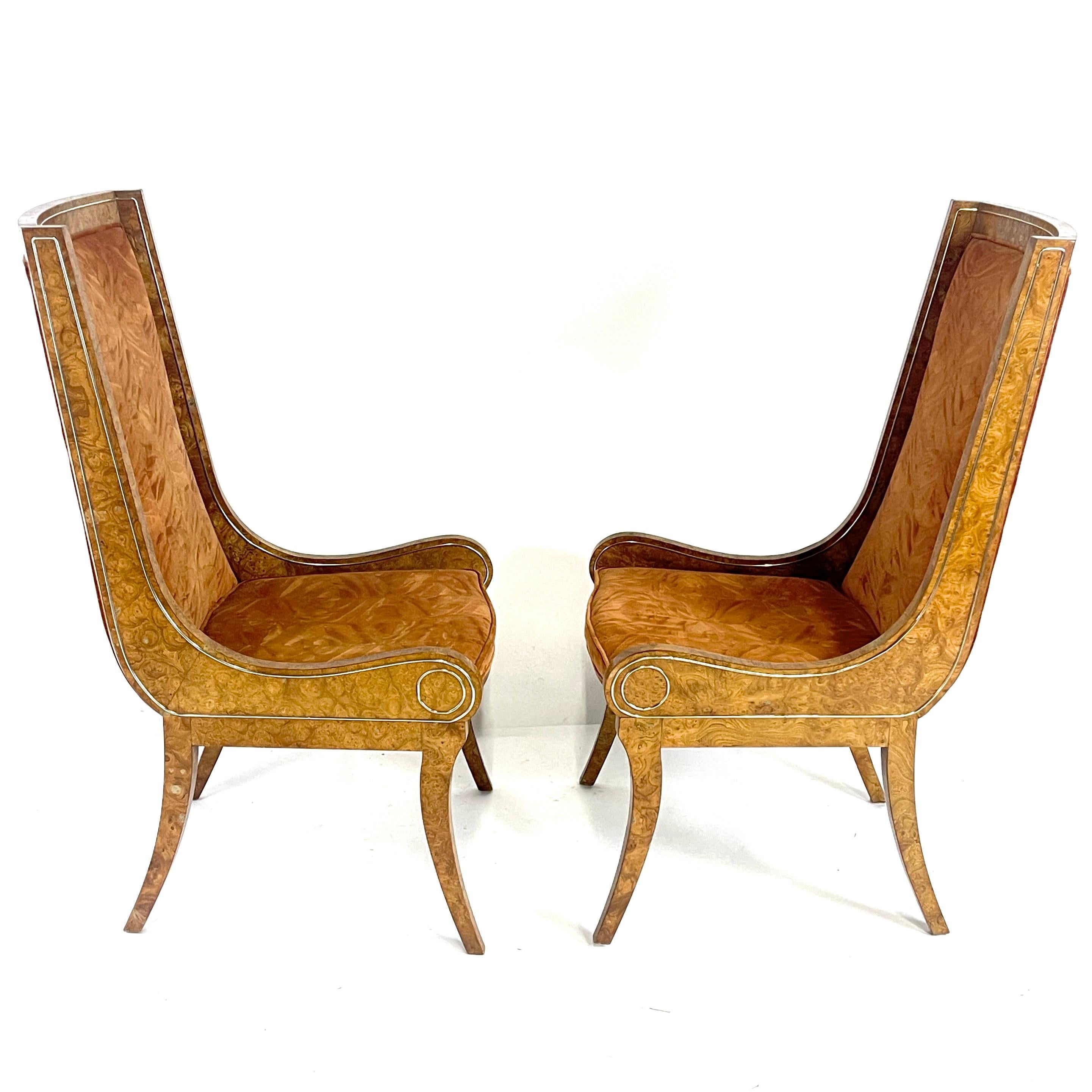 Brass Pair BERNARD ROHNE for MASTERCRAFT Gondola Klismos Legged Burled Chairs 6 Avail For Sale