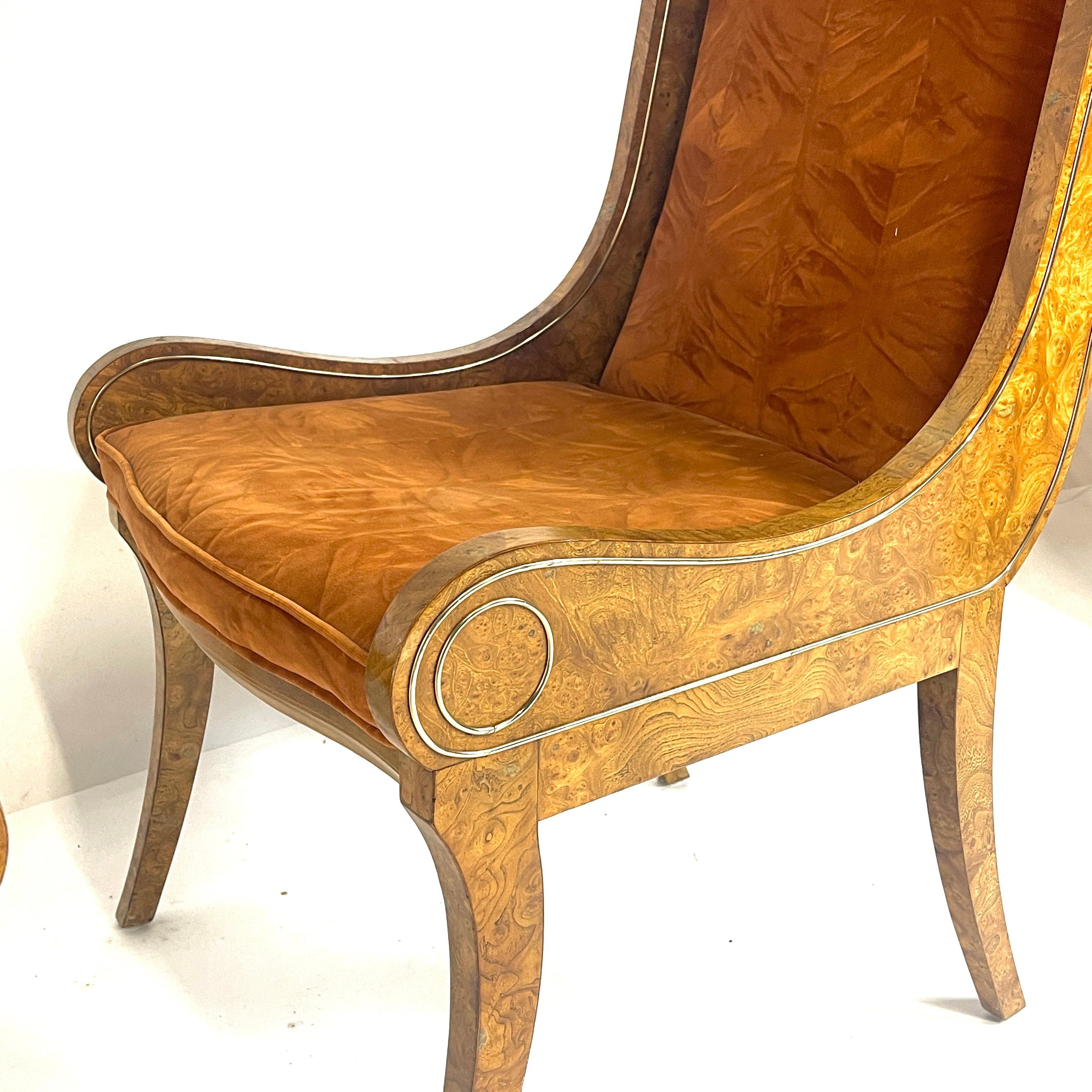 Pair BERNARD ROHNE for MASTERCRAFT Gondola Klismos Legged Burled Chairs 6 Avail For Sale 1