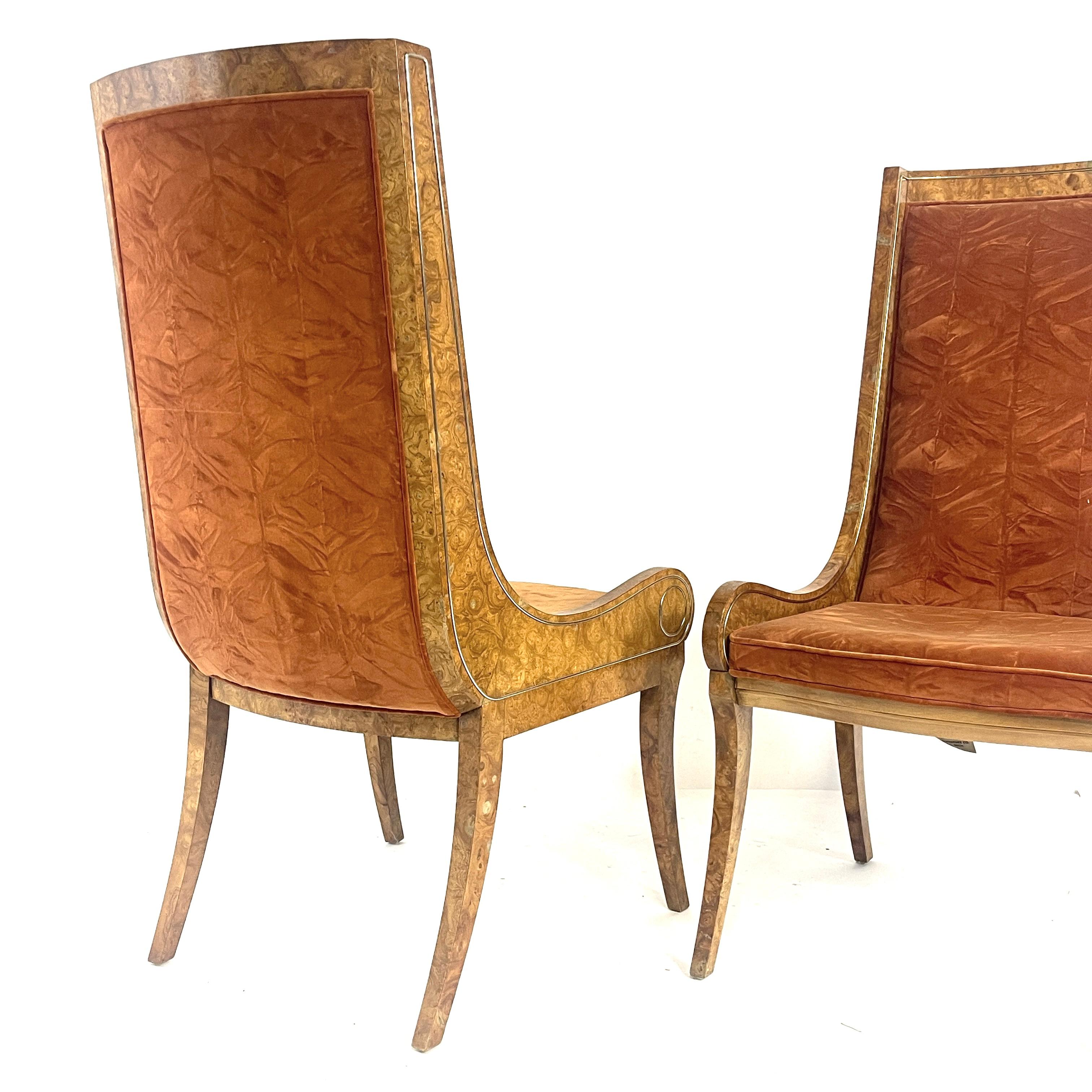 Pair BERNARD ROHNE for MASTERCRAFT Gondola Klismos Legged Burled Chairs 6 Avail For Sale 2