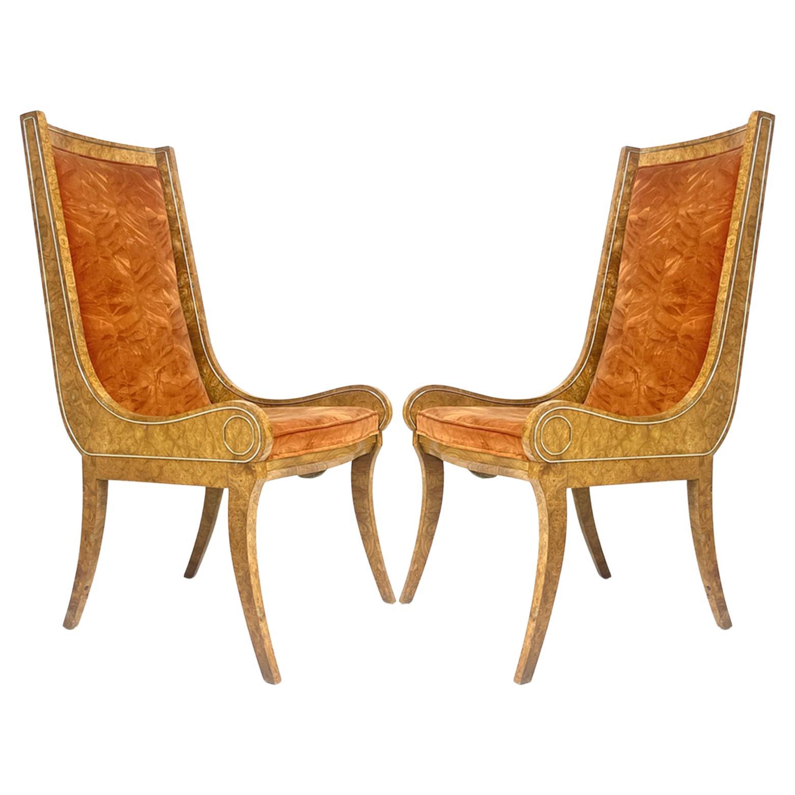 Pair BERNARD ROHNE for MASTERCRAFT Gondola Klismos Legged Burled Chairs 6 Avail For Sale