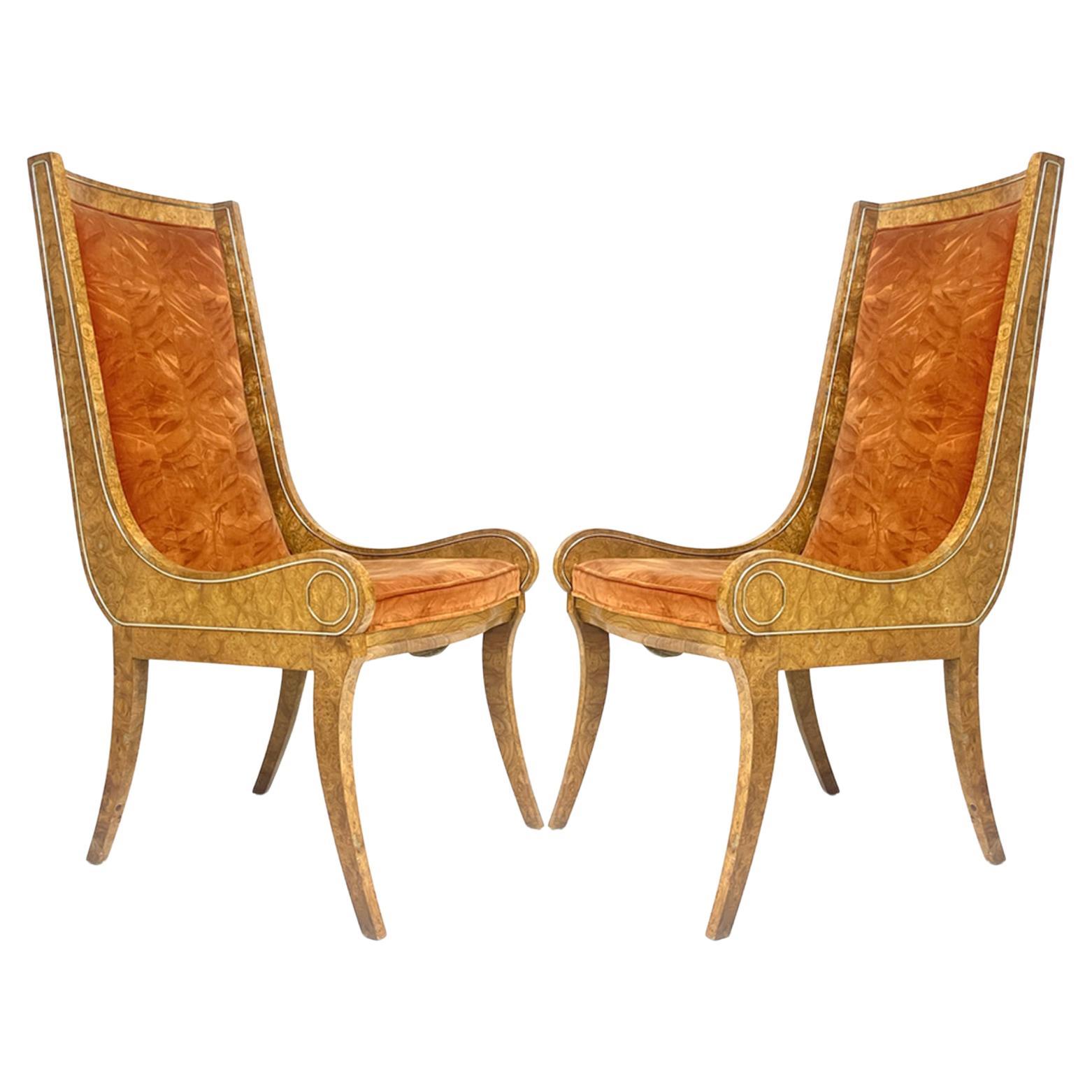 Pair BERNARD ROHNE for MASTERCRAFT Gondola Klismos Legged Burled Chairs 6 Avail