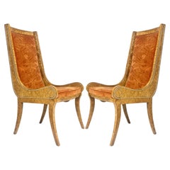 Used Pair BERNARD ROHNE for MASTERCRAFT Gondola Klismos Legged Burled Chairs 6 Avail