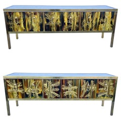 Pair Bernhard Rohne for Mastercraft Acid Etched Brass Sideboards, 1970s