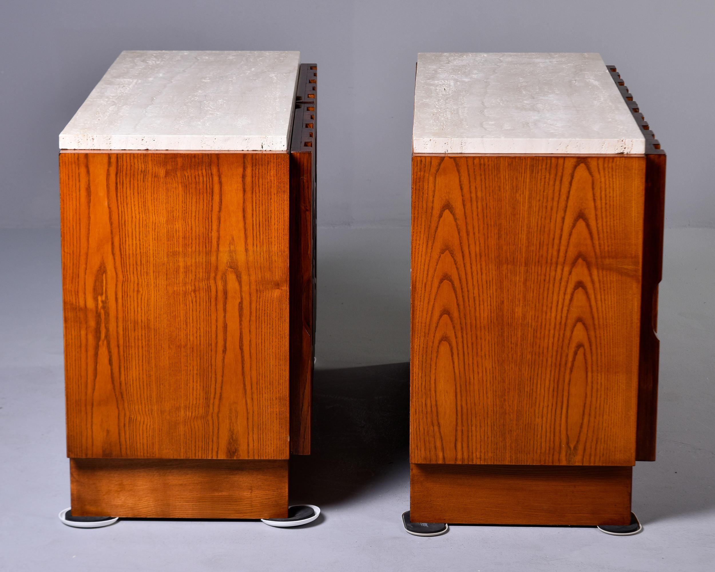 Pair Bespoke Brutalist Style Oak Chests with Travertine Tops   Cabinets without  For Sale 6