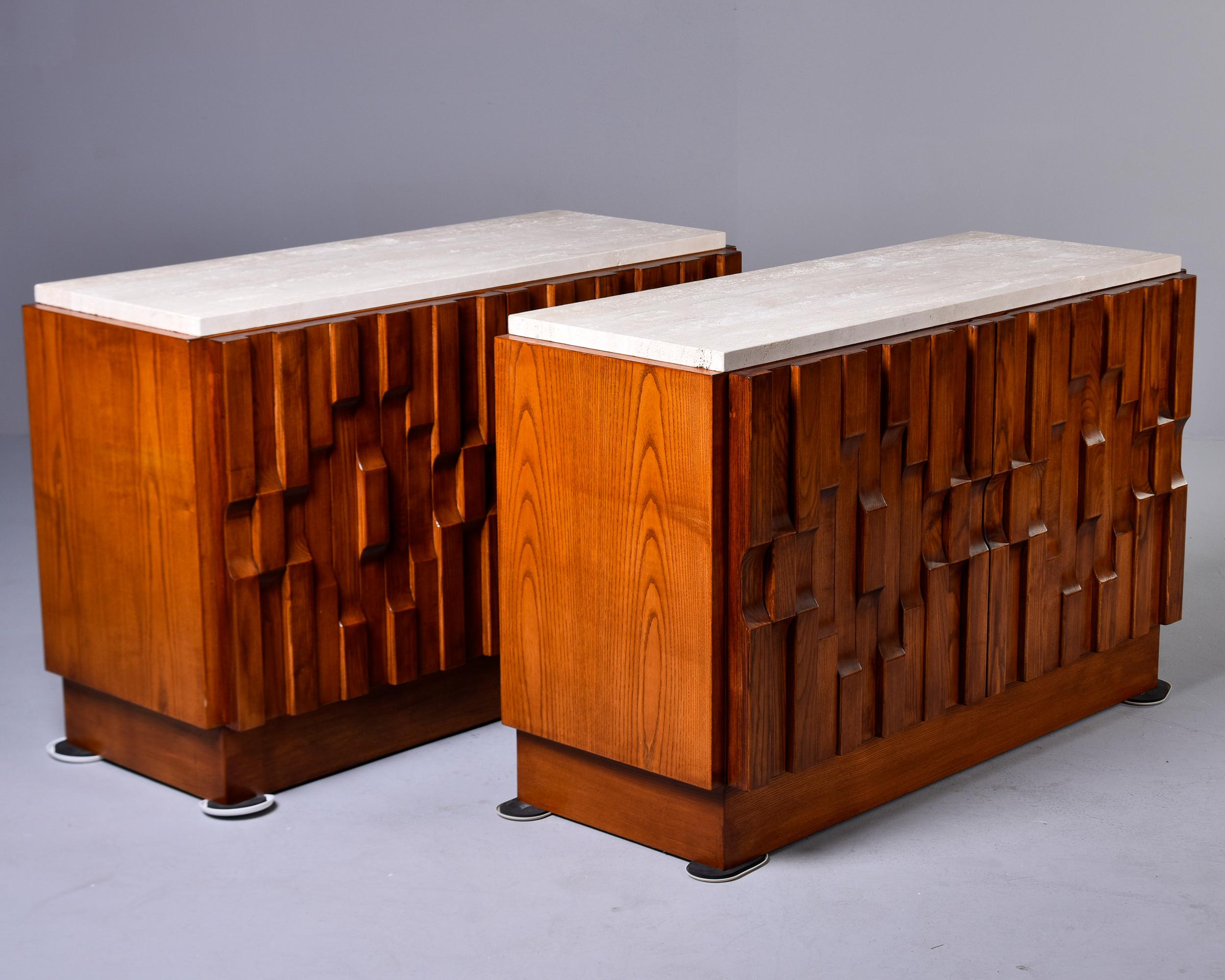 Pair Bespoke Brutalist Style Oak Chests with Travertine Tops   Cabinets without  For Sale 8