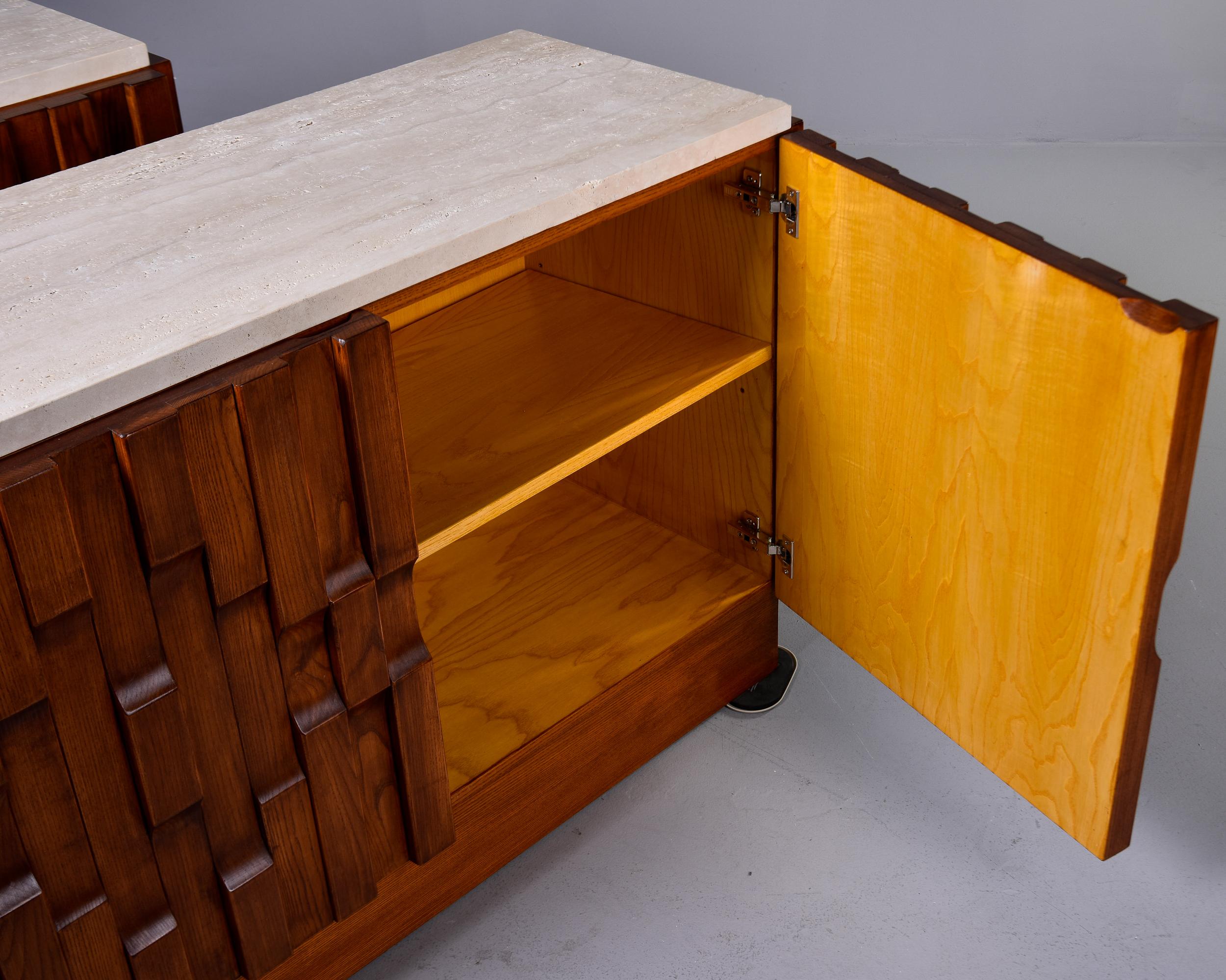 Pair Bespoke Brutalist Style Oak Chests with Travertine Tops   Cabinets without  For Sale 9