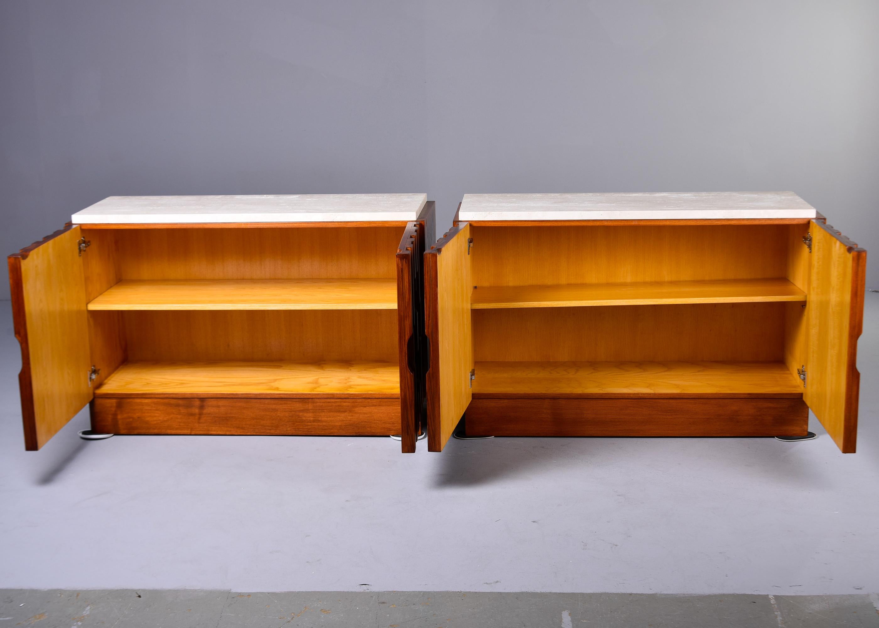English Pair Bespoke Brutalist Style Oak Chests with Travertine Tops   Cabinets without  For Sale