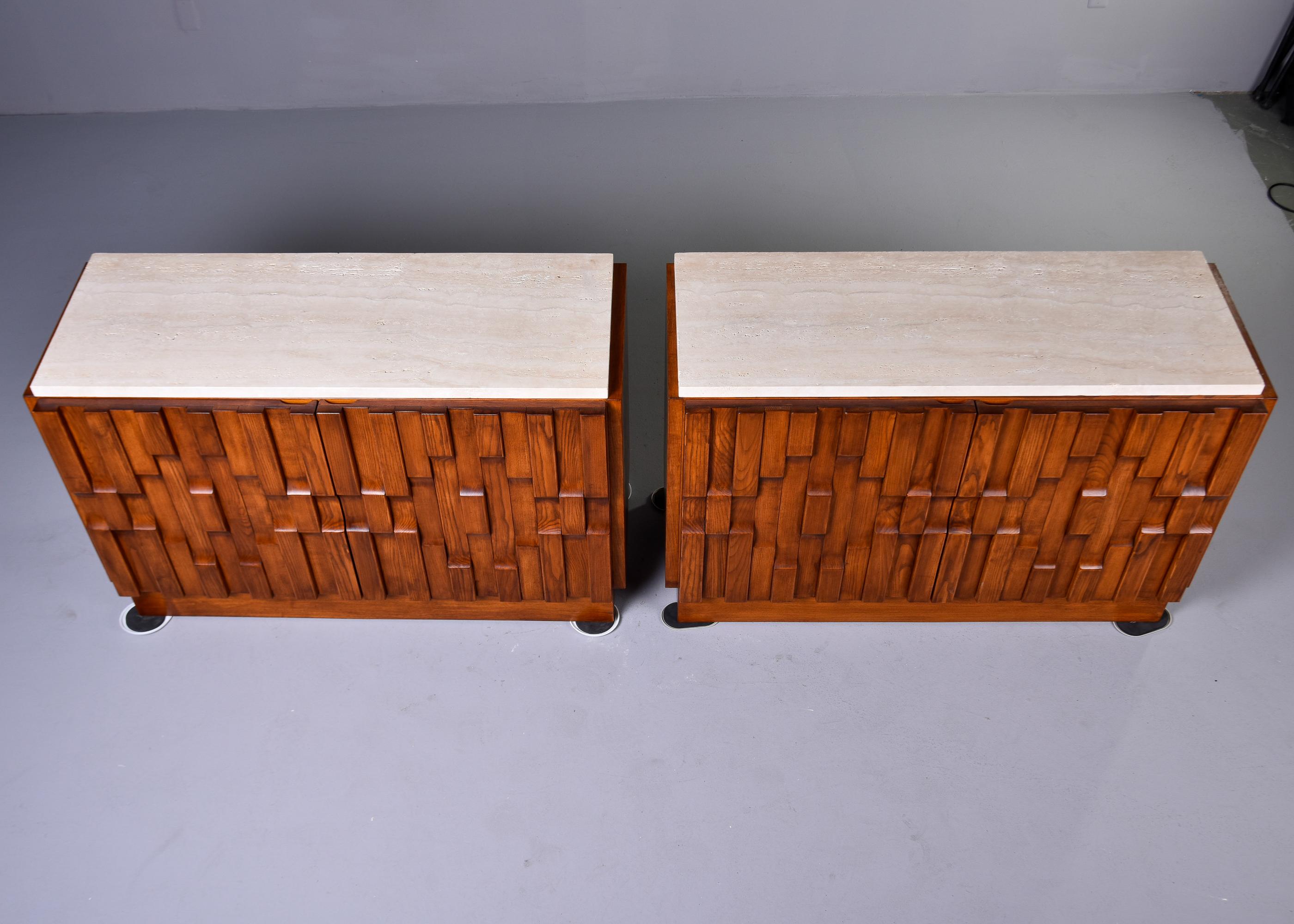 Pair Bespoke Brutalist Style Oak Chests with Travertine Tops   Cabinets without  For Sale 1