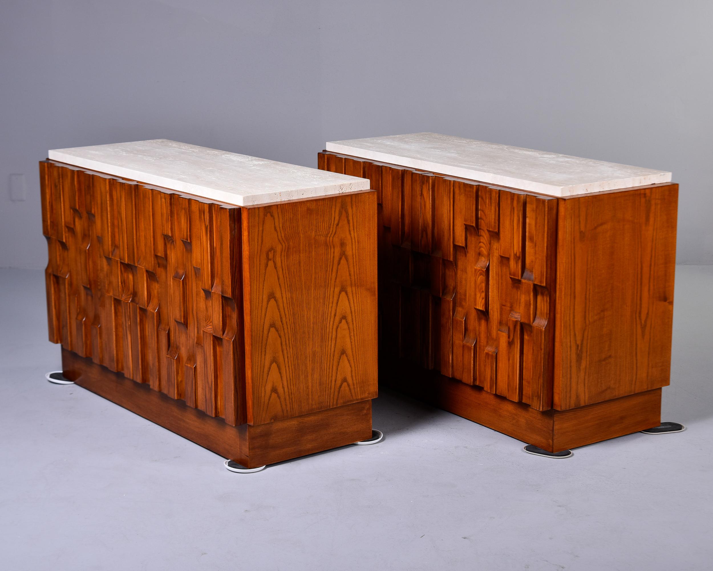 Pair Bespoke Brutalist Style Oak Chests with Travertine Tops   Cabinets without  For Sale 3