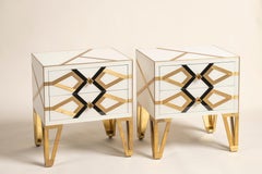 Pair Bespoke Cosulich Creation Gold Brass Black & White Nightstands/Side Tables