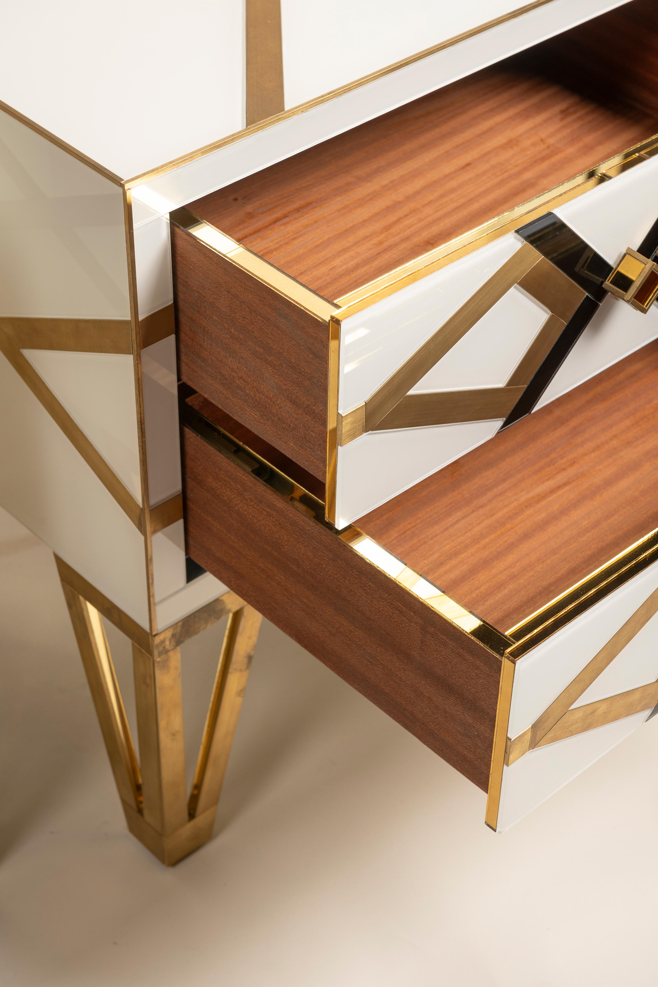 Bronzed Pair Bespoke Cosulich Creation Gold Brass Black & White Nightstands/Side Tables For Sale