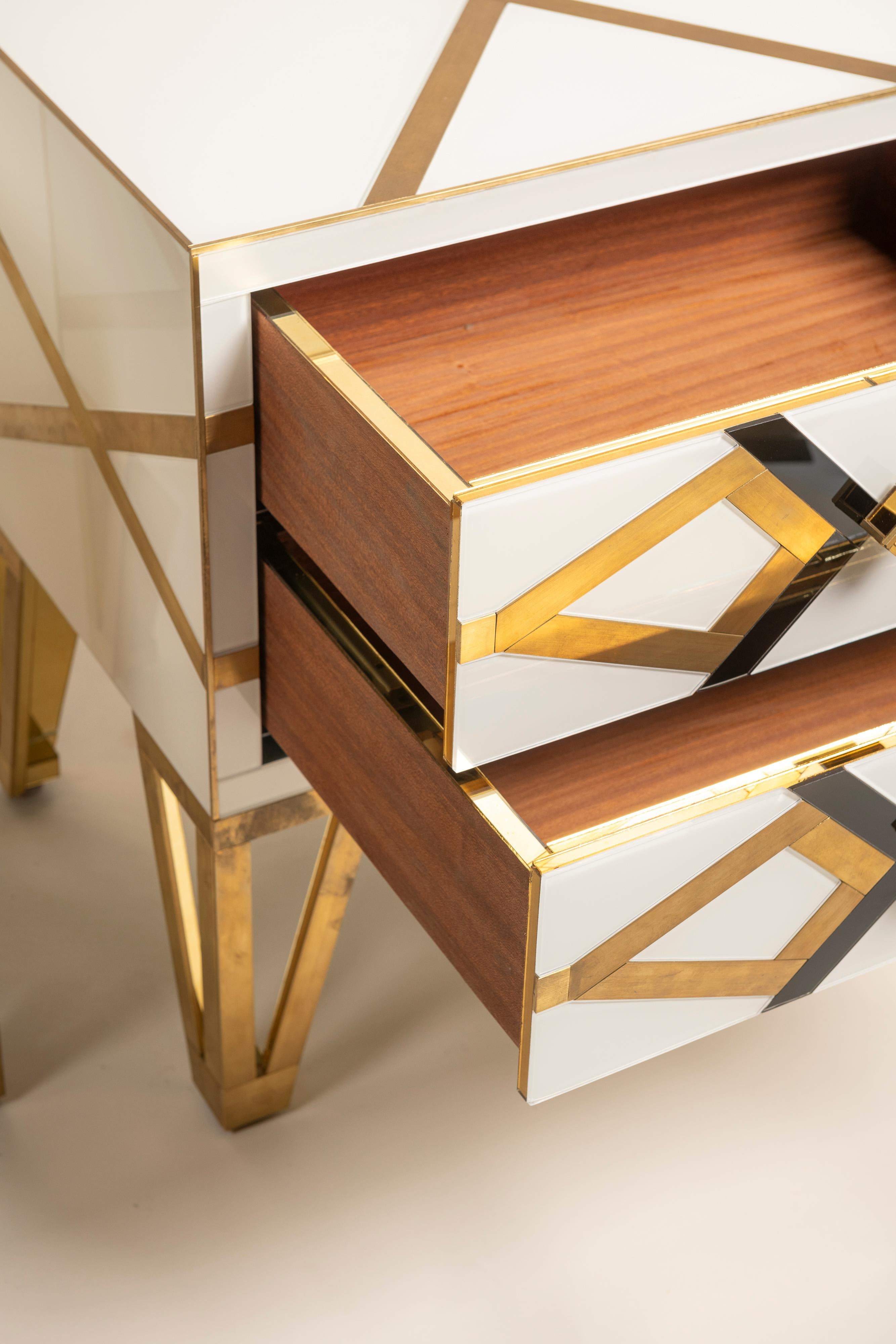 Pair Bespoke Cosulich Creation Gold Brass Black & White Nightstands/Side Tables For Sale 1