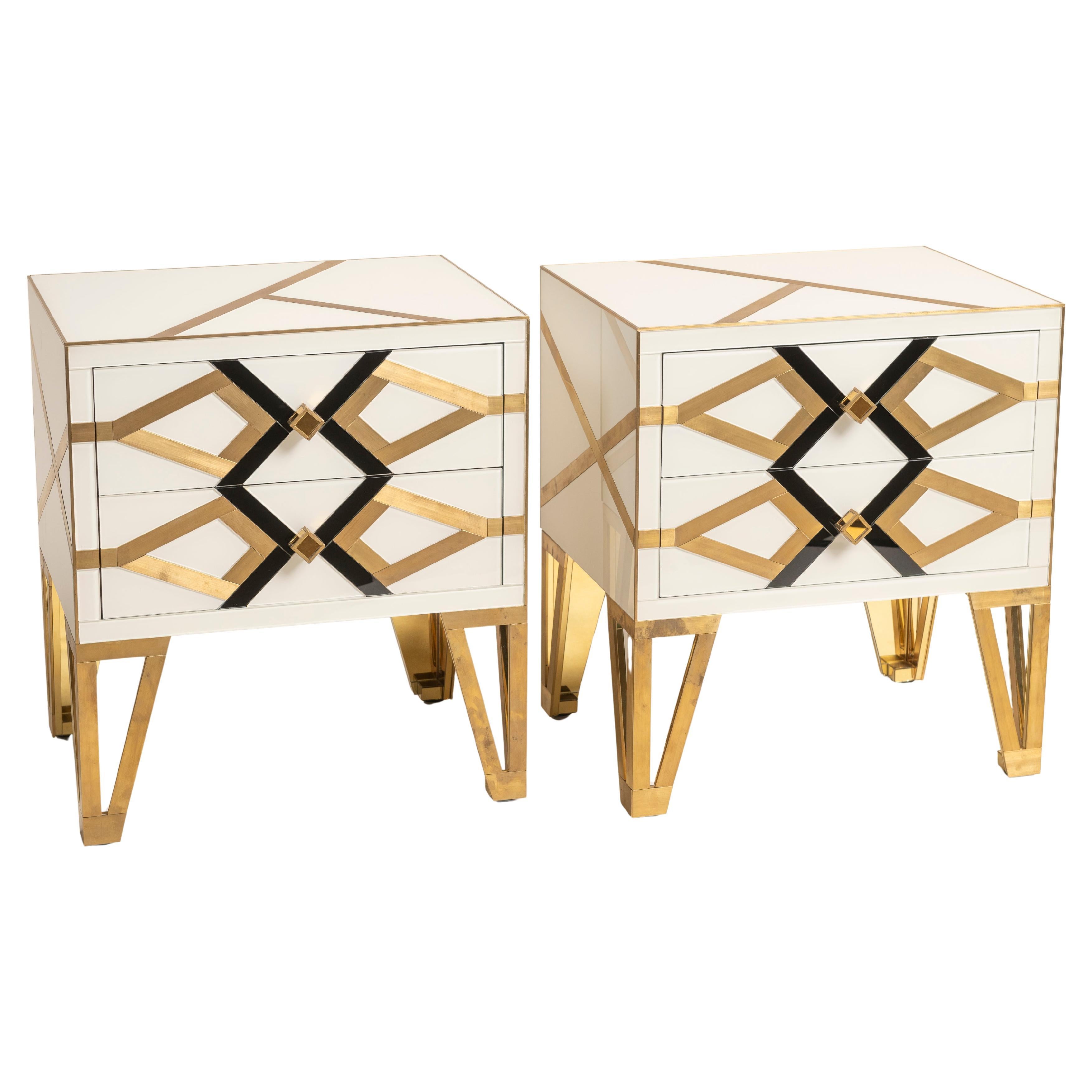 Pair Bespoke Cosulich Creation Gold Brass Black & White Nightstands/Side Tables